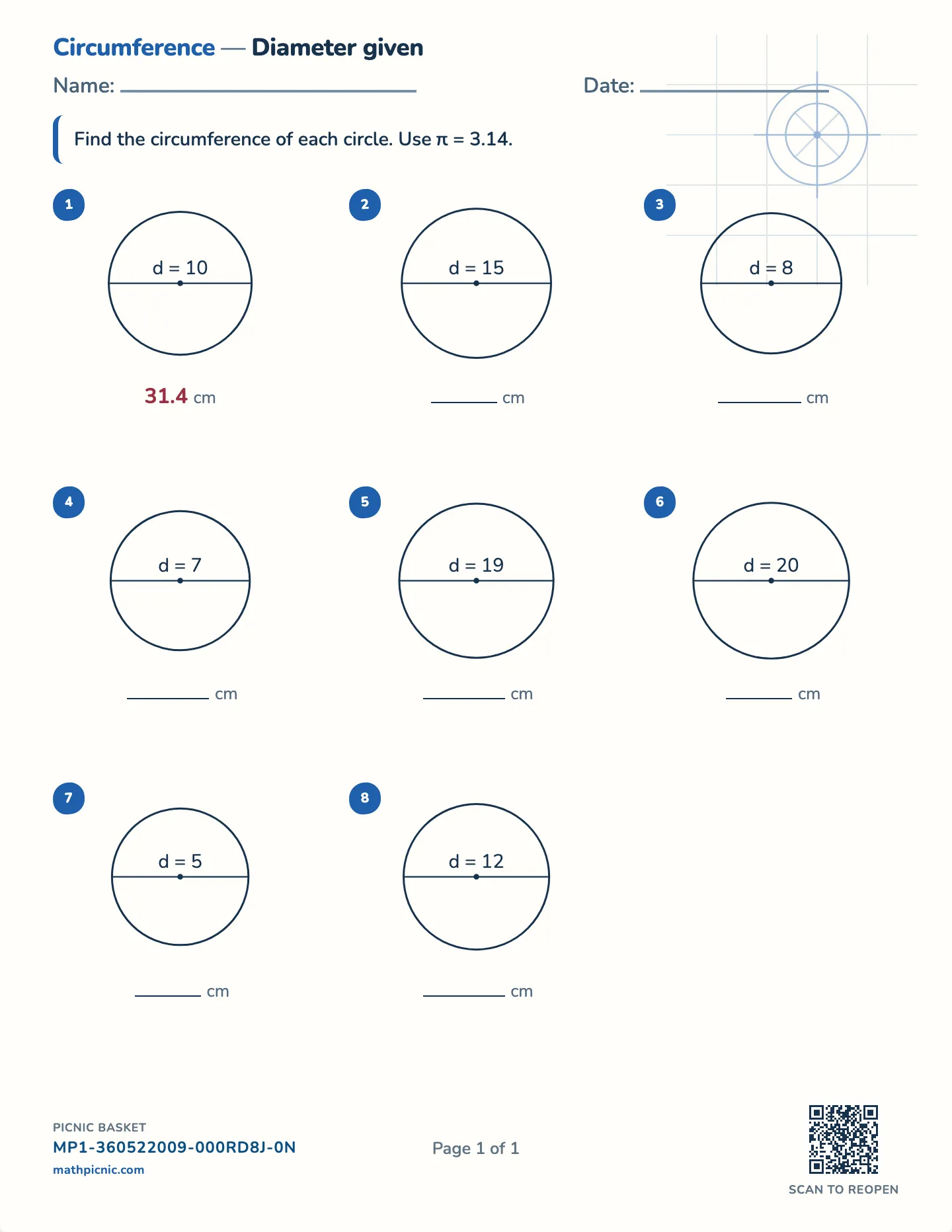 Circumference from the diameter worksheet — Diameters to 30 cm, free printable with answer key