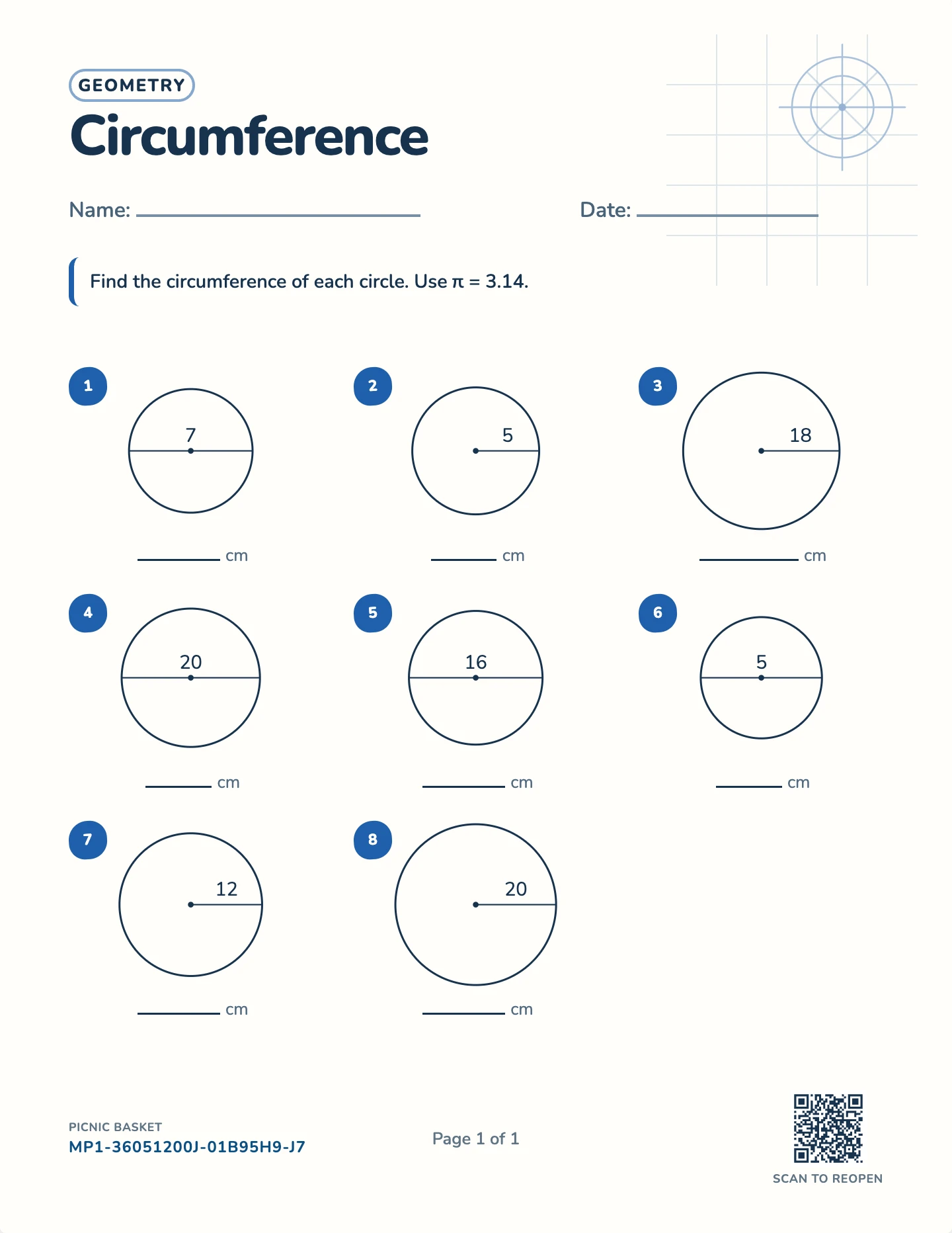 Circumference of a circle worksheet — Circles to 30 cm across, free printable with answer key
