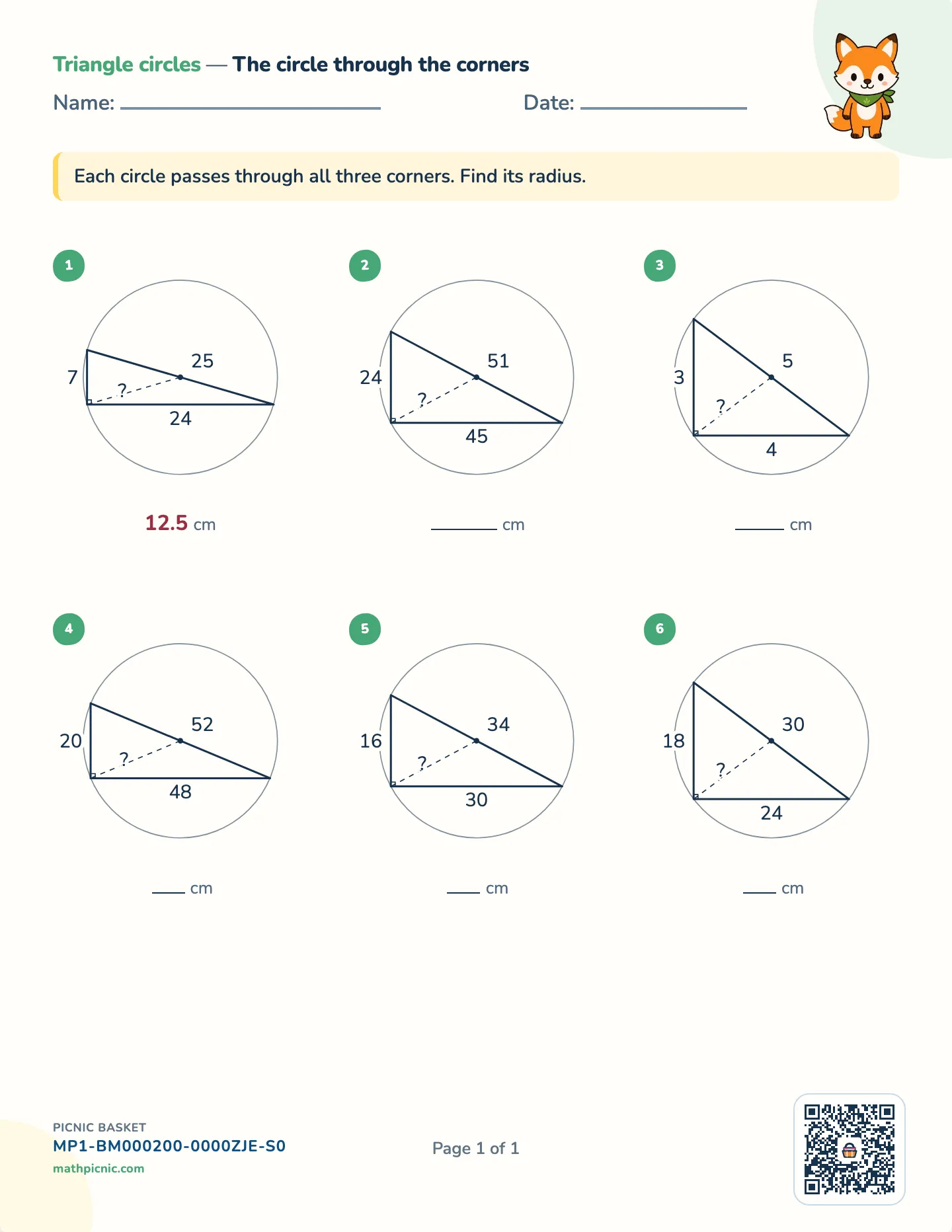 Circumscribed circle of a triangle worksheet — Right triangles, Pythagorean triples, free printable with answer key