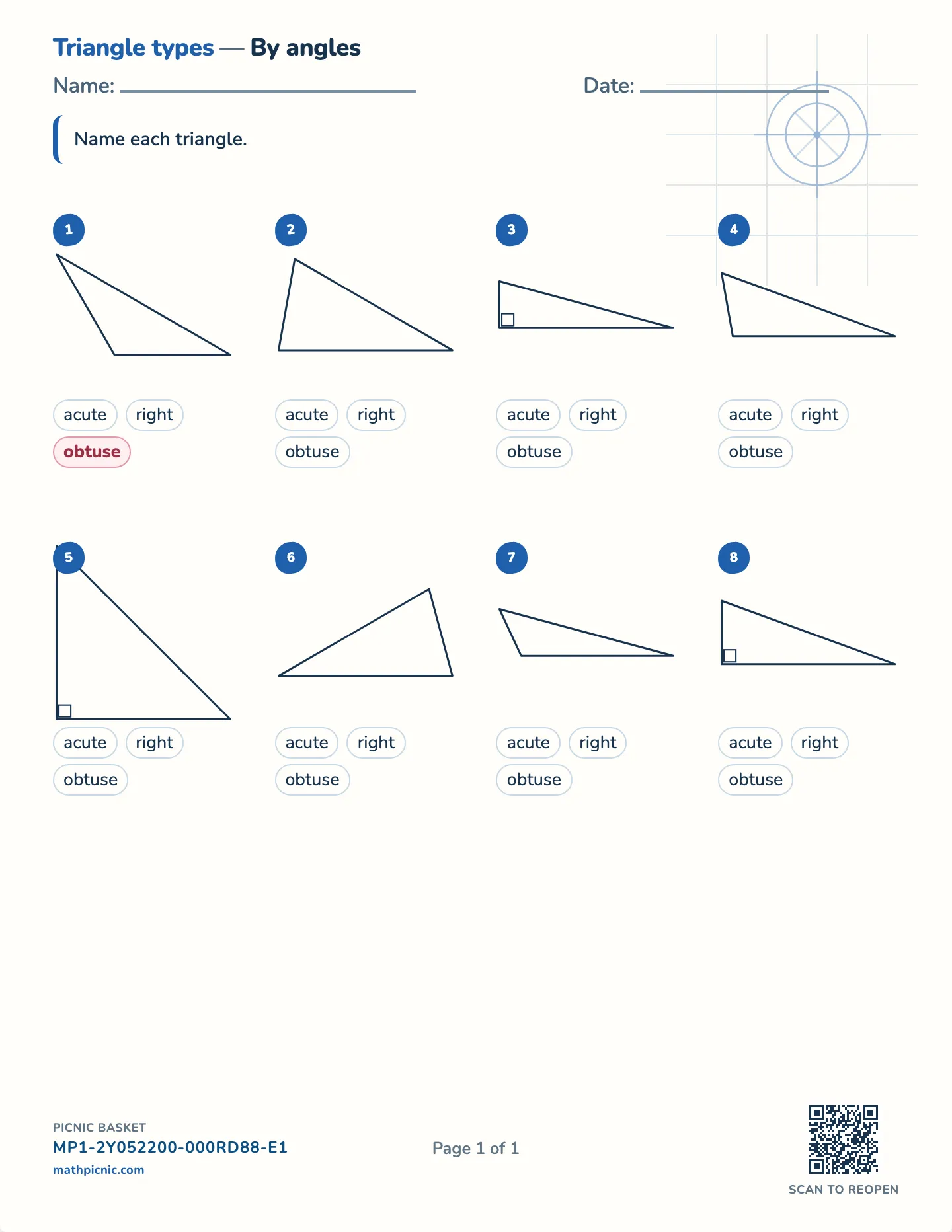 Classify triangles by angles worksheet — Acute, right, obtuse, free printable with answer key