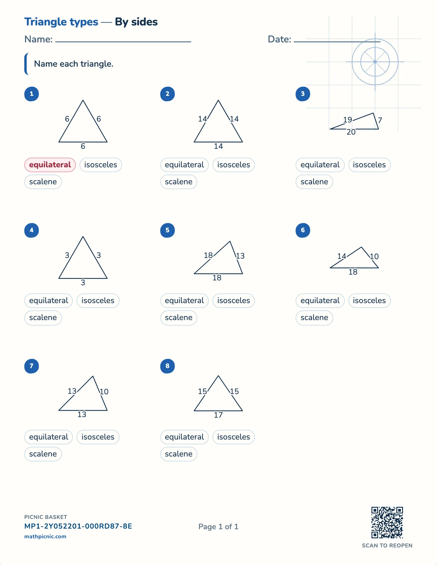 Classify triangles by sides worksheet — Equilateral, isosceles, scalene, free printable with answer key