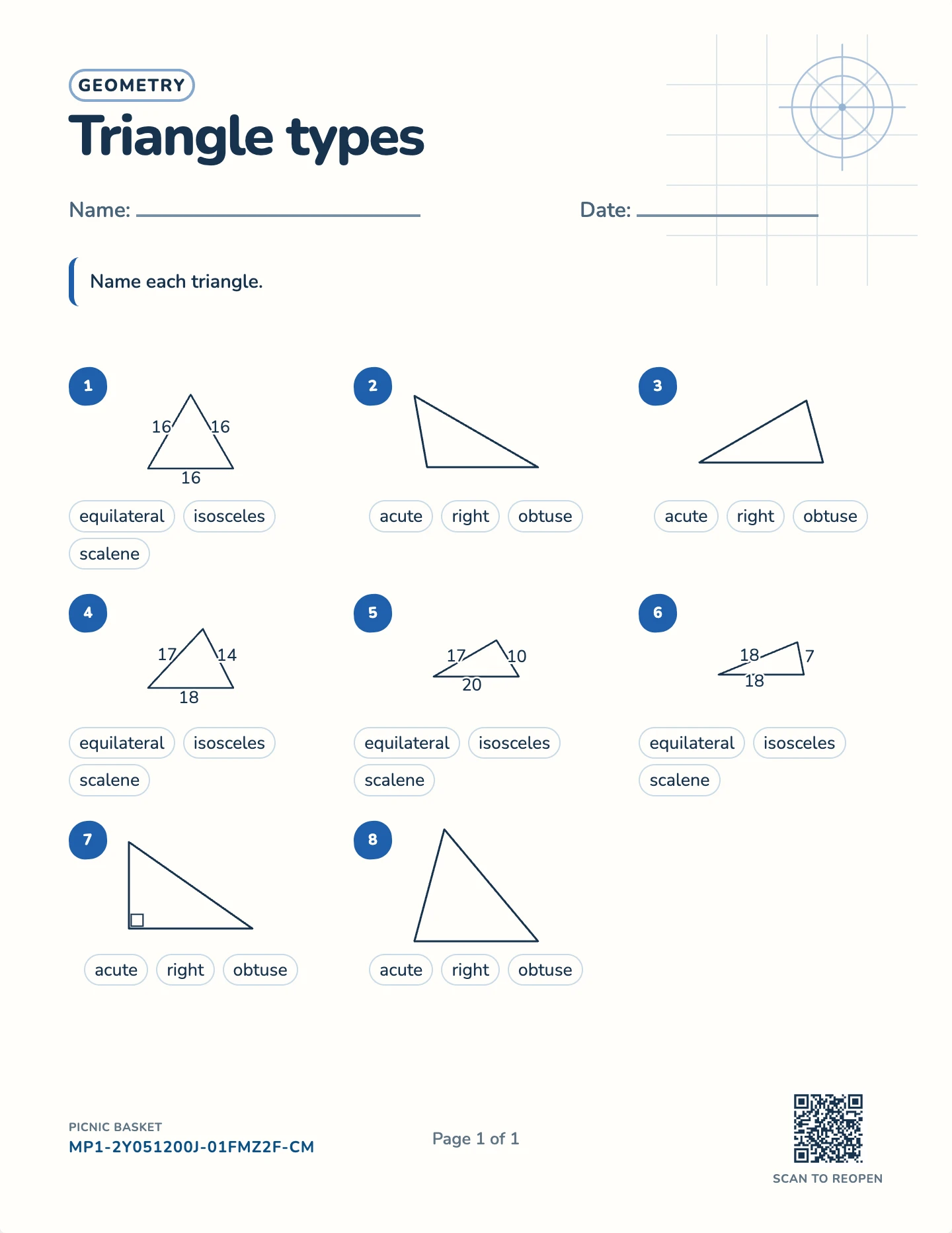 Classifying triangles worksheet — By angles and by sides, free printable with answer key