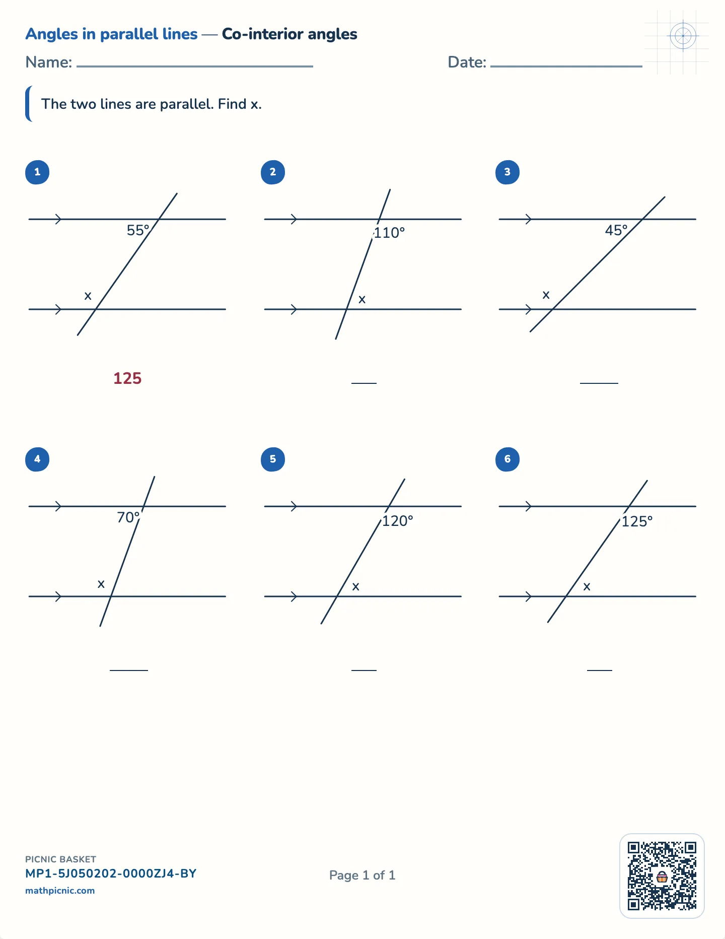 Co-interior angles worksheet — Angles in fives, 40° and up, free printable with answer key
