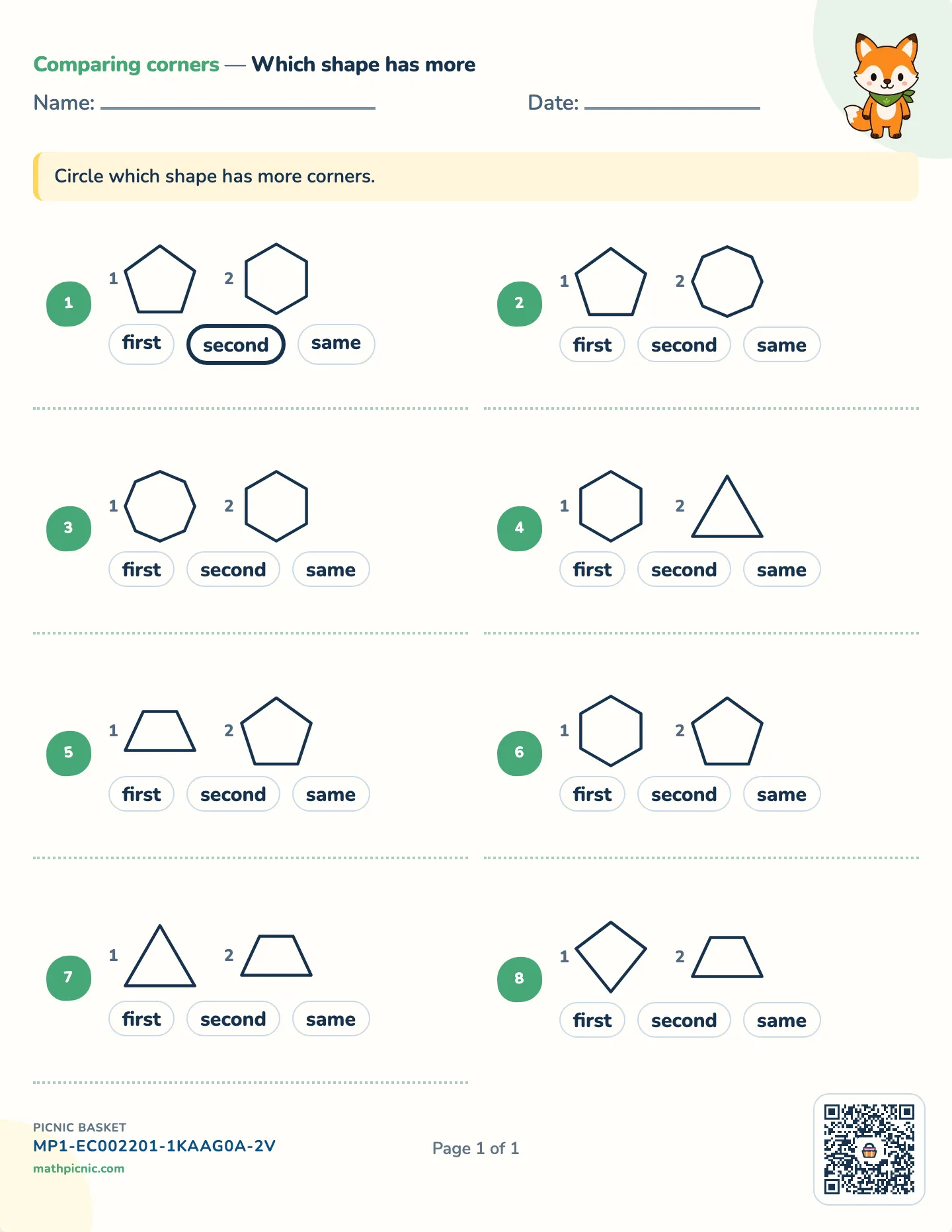 Comparing corners worksheet — Two shapes, three to eight corners, free printable with answer key