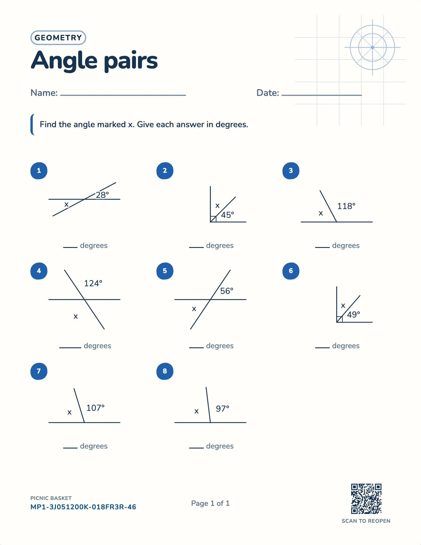 Complementary and supplementary angles worksheet — Angle facts to 180 degrees, free printable with answer key