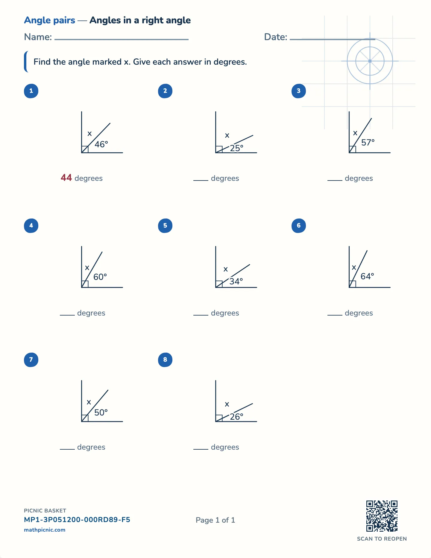 Complementary angles worksheet — Angles to 90 degrees, free printable with answer key