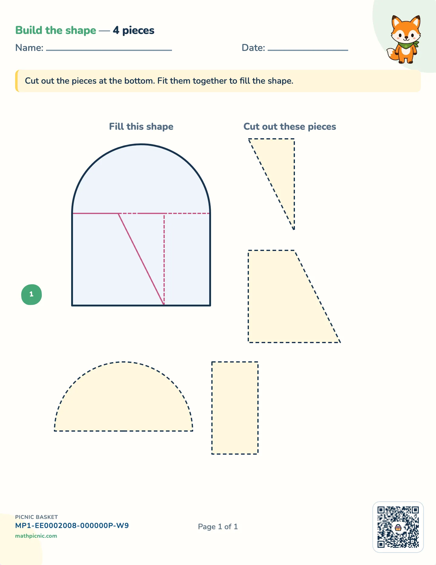 Composing shapes worksheet — Cut out and fit together, free printable with answer key