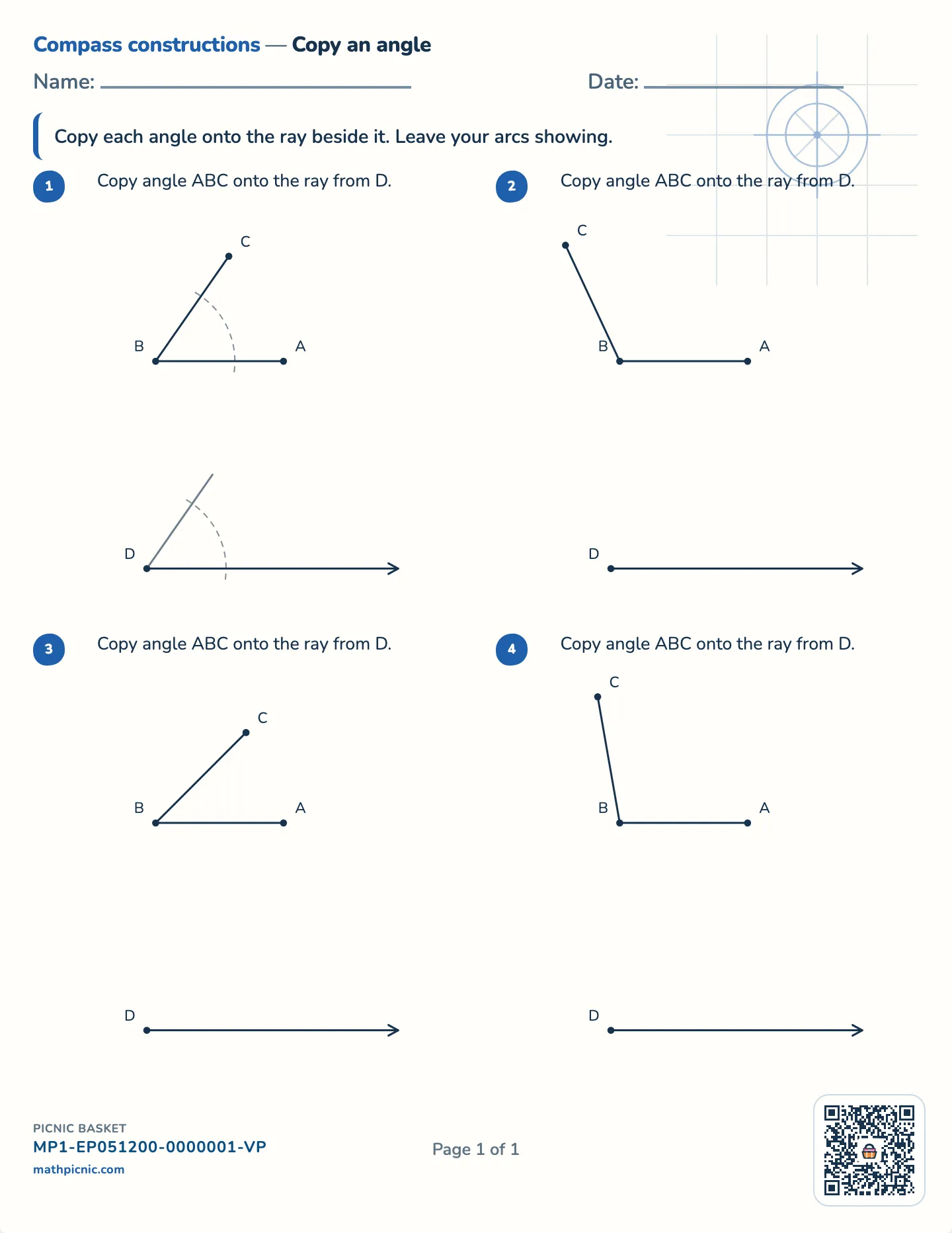 Copy an angle worksheet — Angles 35°–115°, whole degrees, free printable with answer key