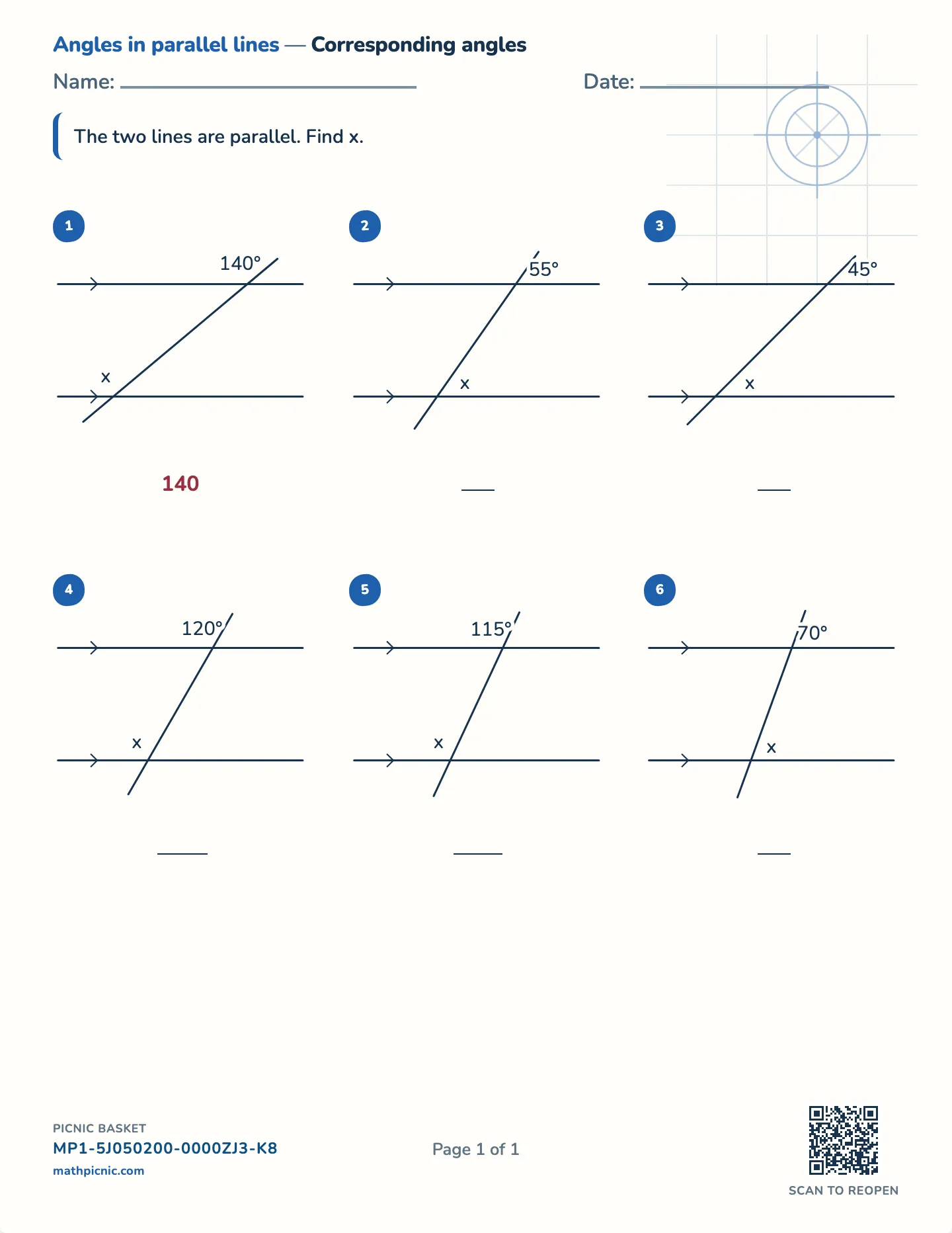 Corresponding angles worksheet — Angles in fives, 40° and up, free printable with answer key