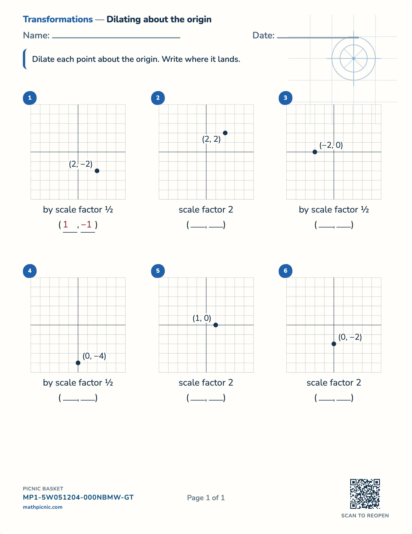 Dilations worksheet — Scale from the origin, whole factors, free printable with answer key