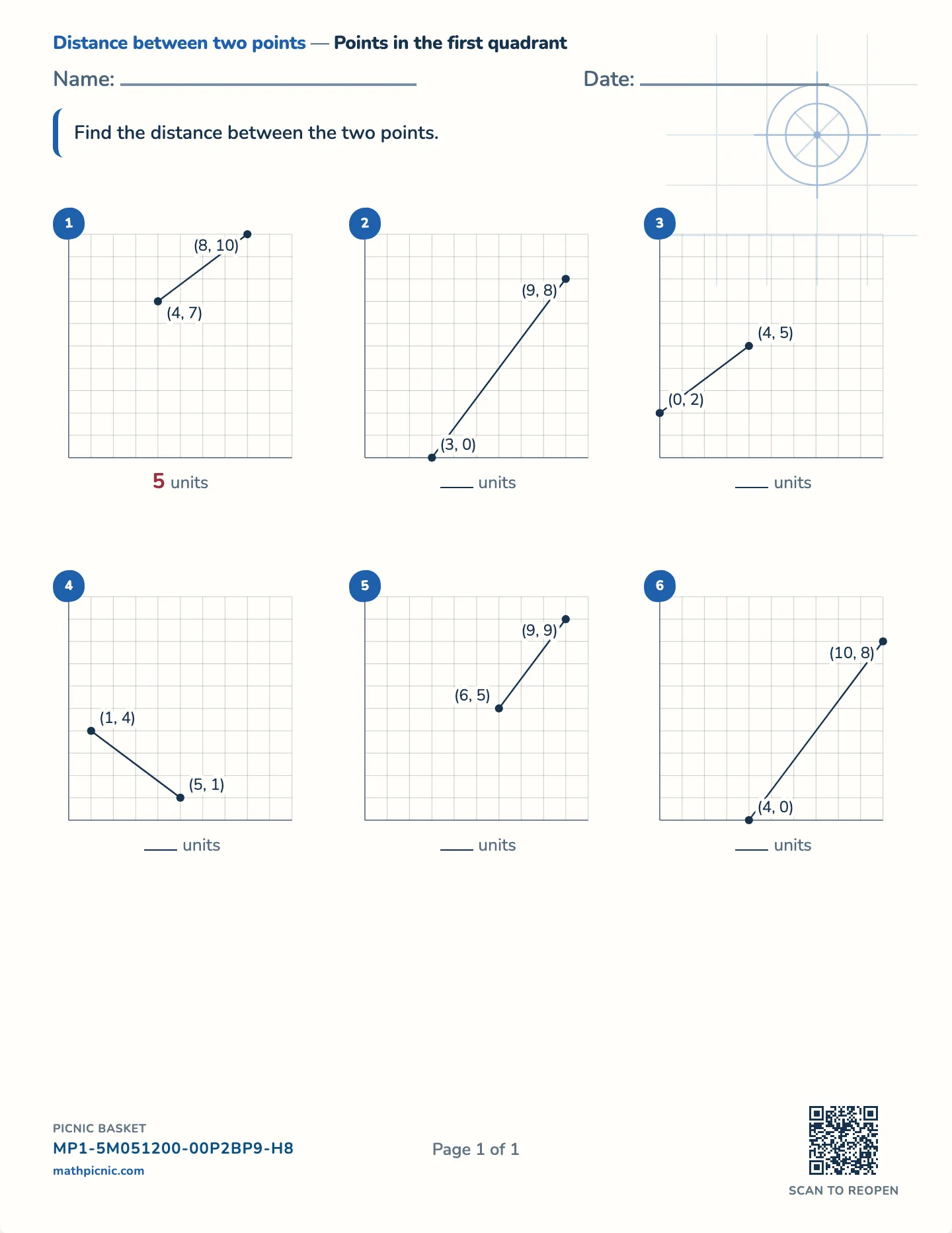 Distance between two points worksheet — Whole-number distances, free printable with answer key