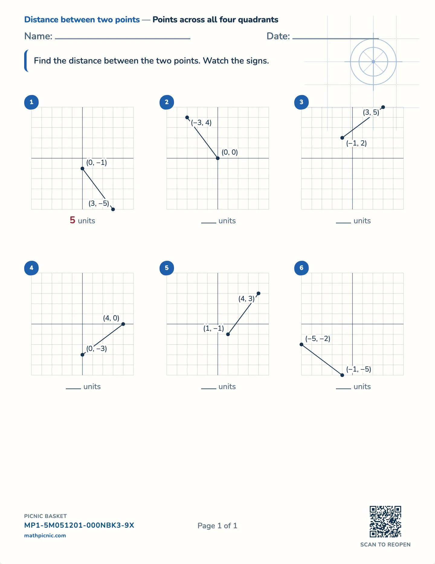 Distance formula worksheet — All four quadrants, whole distances, free printable with answer key