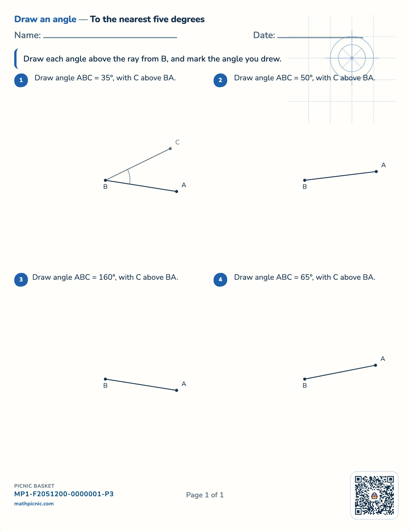 Drawing angles with a protractor worksheet — Whole degrees, ray given, angle above it, free printable with answer key