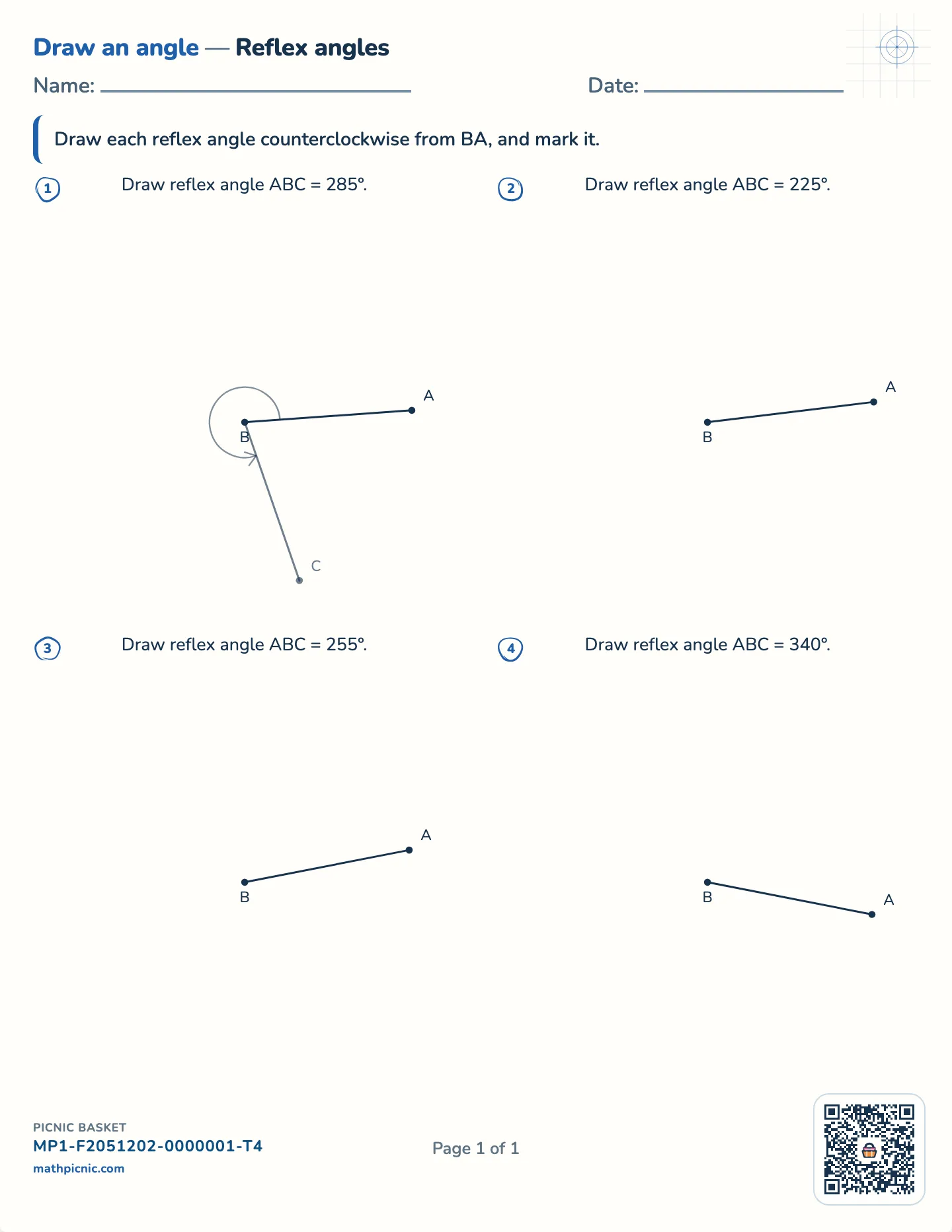 Drawing reflex angles worksheet — Angles over 180°, one arm given, free printable with answer key