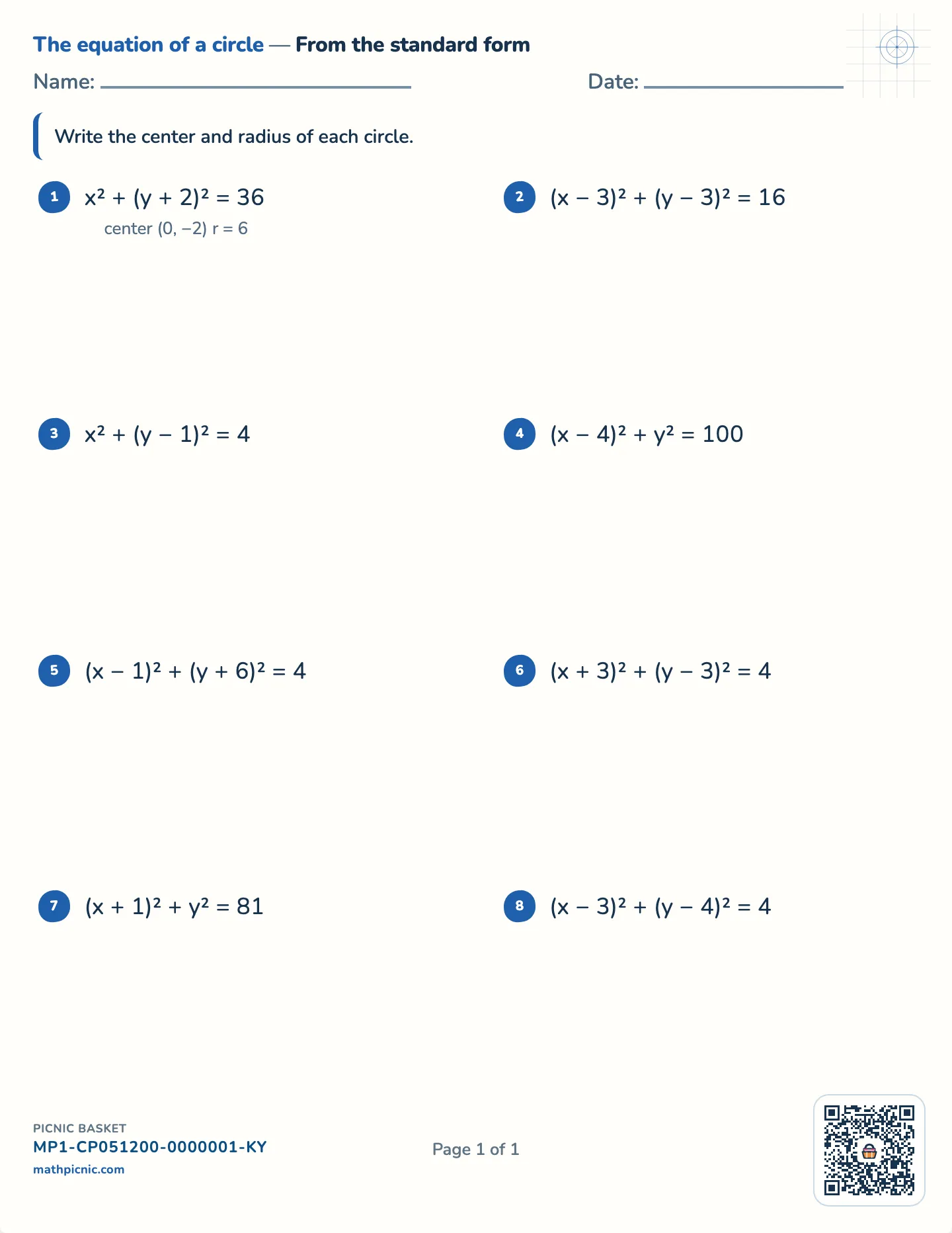 The equation of a circle in standard form worksheet — Whole centers, radii 2 to 10, free printable with answer key