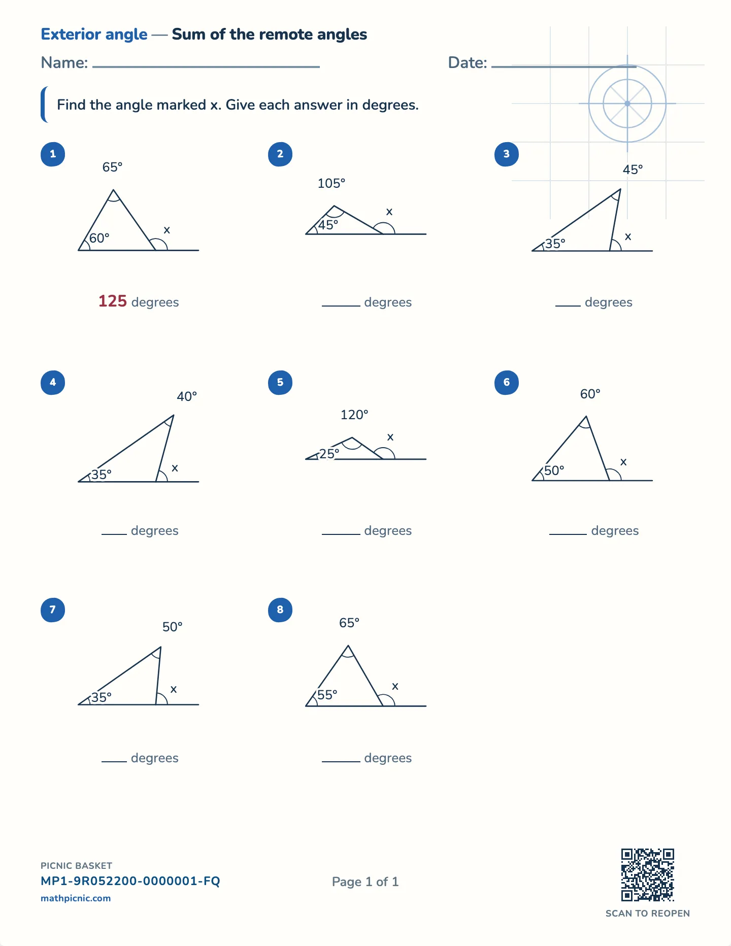 Exterior angle of a triangle worksheet — Whole degrees, remote angles, free printable with answer key