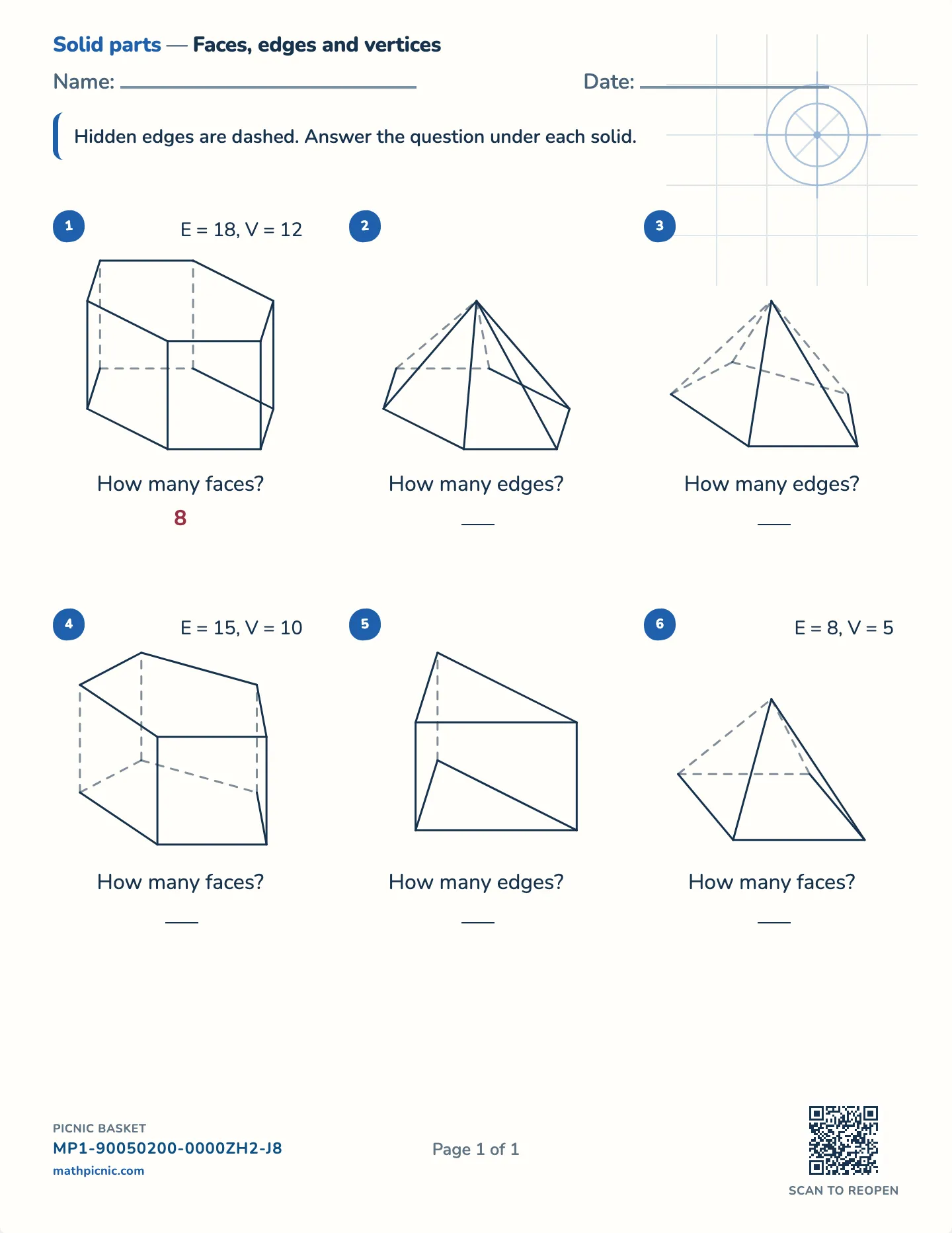 Faces, edges and vertices worksheet — Prisms and pyramids, free printable with answer key