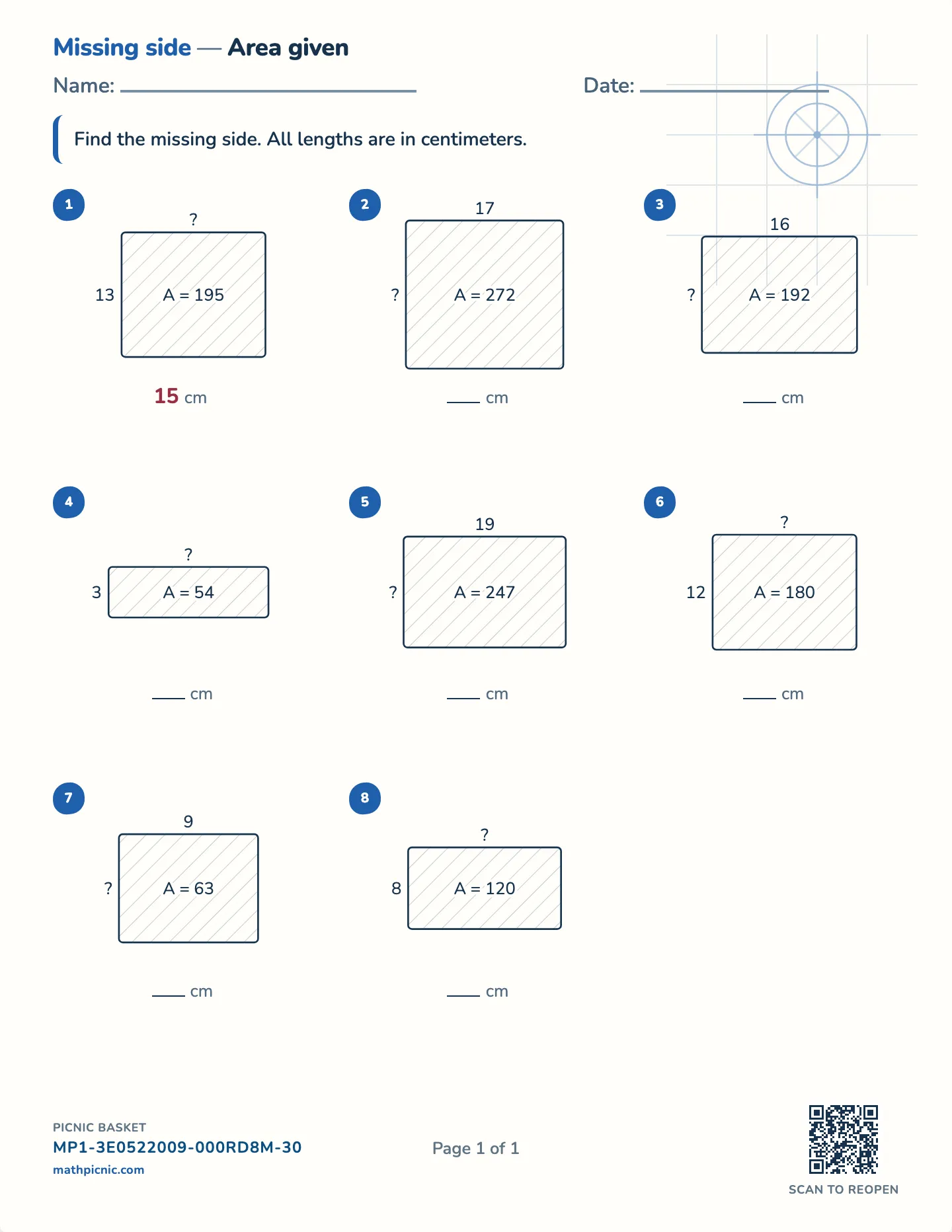 Find a side from the area worksheet — Sides to 35 cm, free printable with answer key