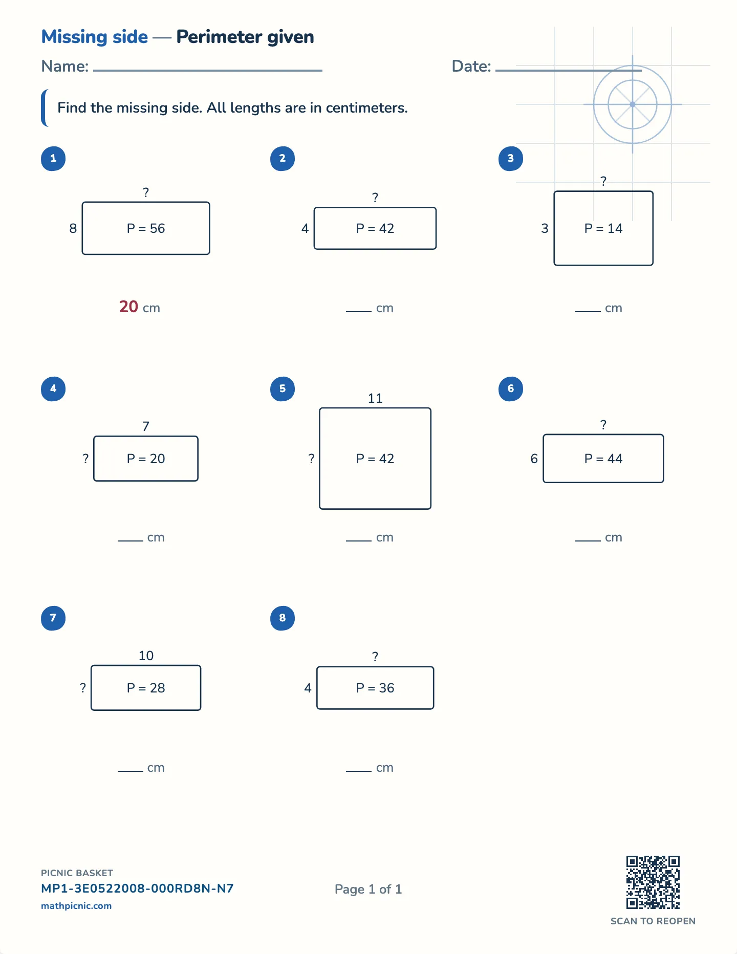 Find a side from the perimeter worksheet — Sides to 35 cm, free printable with answer key