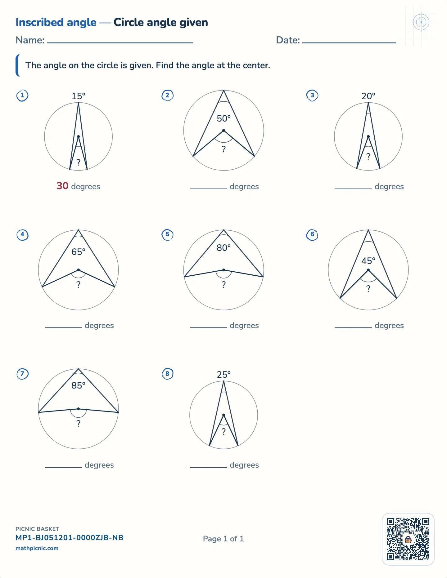 Find the central angle worksheet — Circle angle given, free printable with answer key
