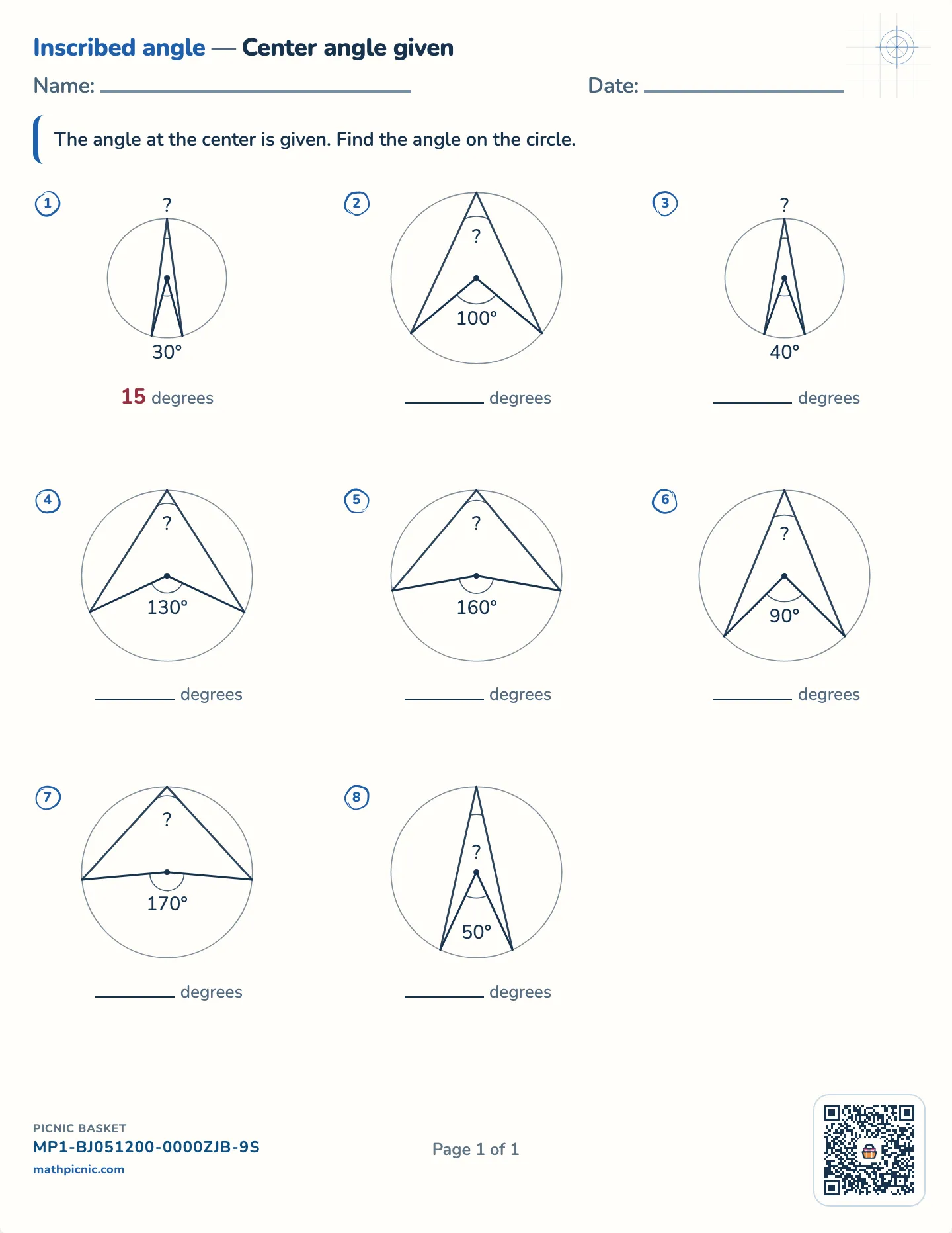 Find the inscribed angle worksheet — Center angle given, free printable with answer key