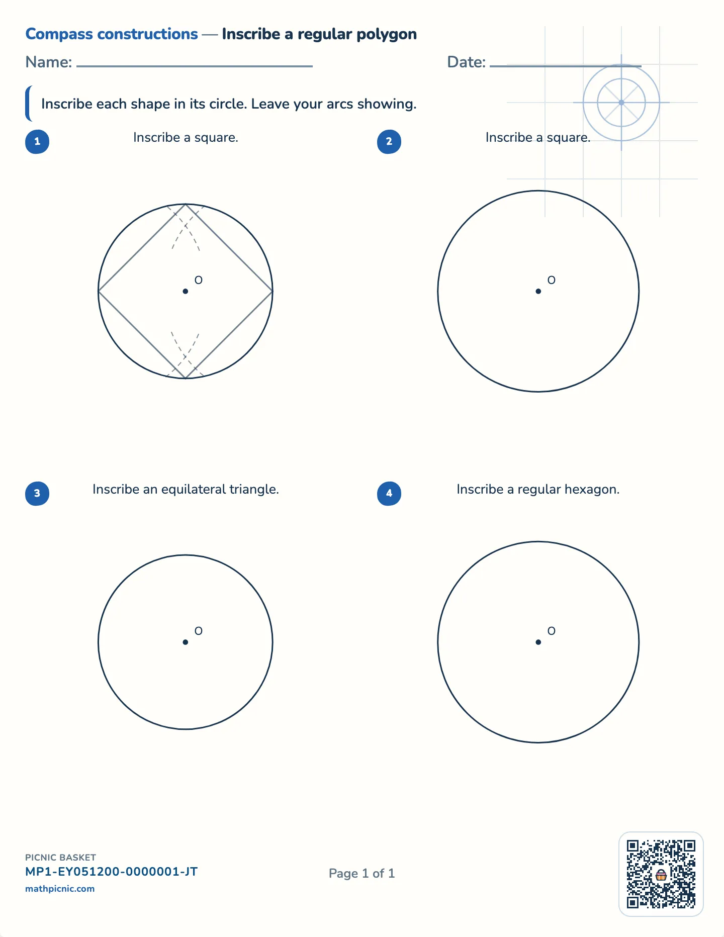 Inscribe a regular polygon worksheet — Hexagon, equilateral triangle, square, free printable with answer key