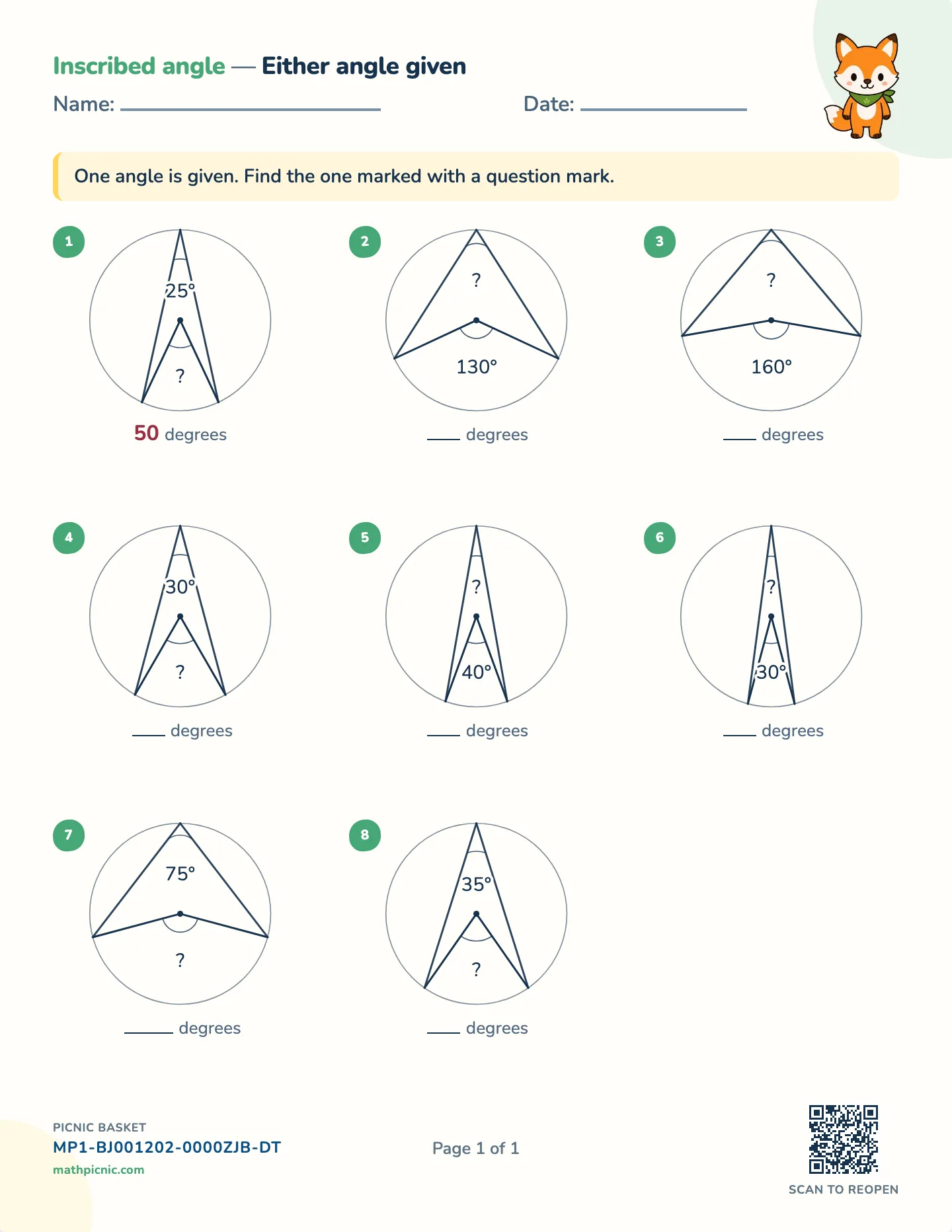 Inscribed angle in a circle worksheet — Center angle or circle angle, free printable with answer key