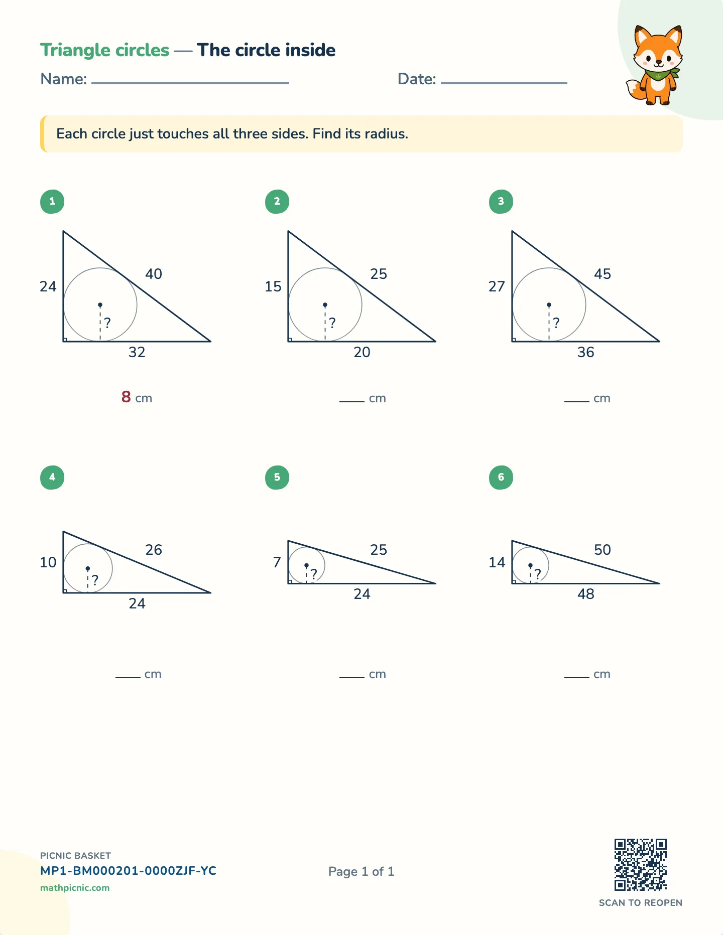 Inscribed circle of a triangle worksheet — Right triangles, Pythagorean triples, free printable with answer key