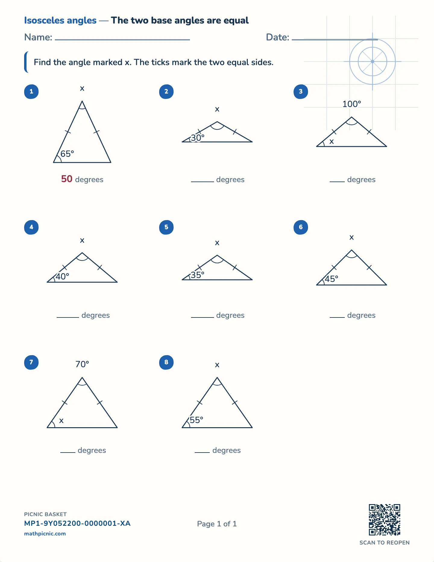 Angles in an isosceles triangle worksheet — Equal base angles, whole degrees, free printable with answer key