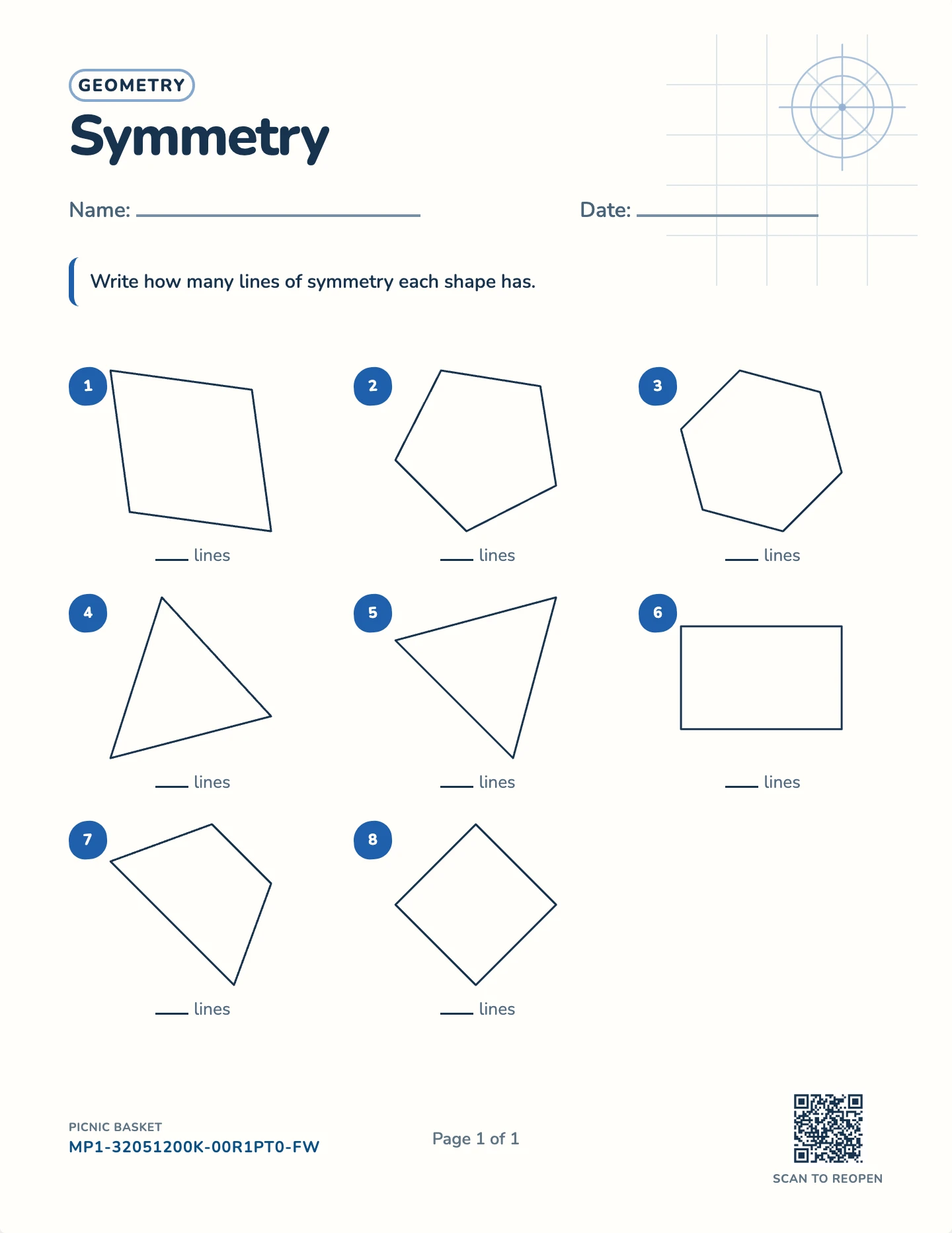 Lines of symmetry worksheet — Triangles, quadrilaterals, polygons, free printable with answer key