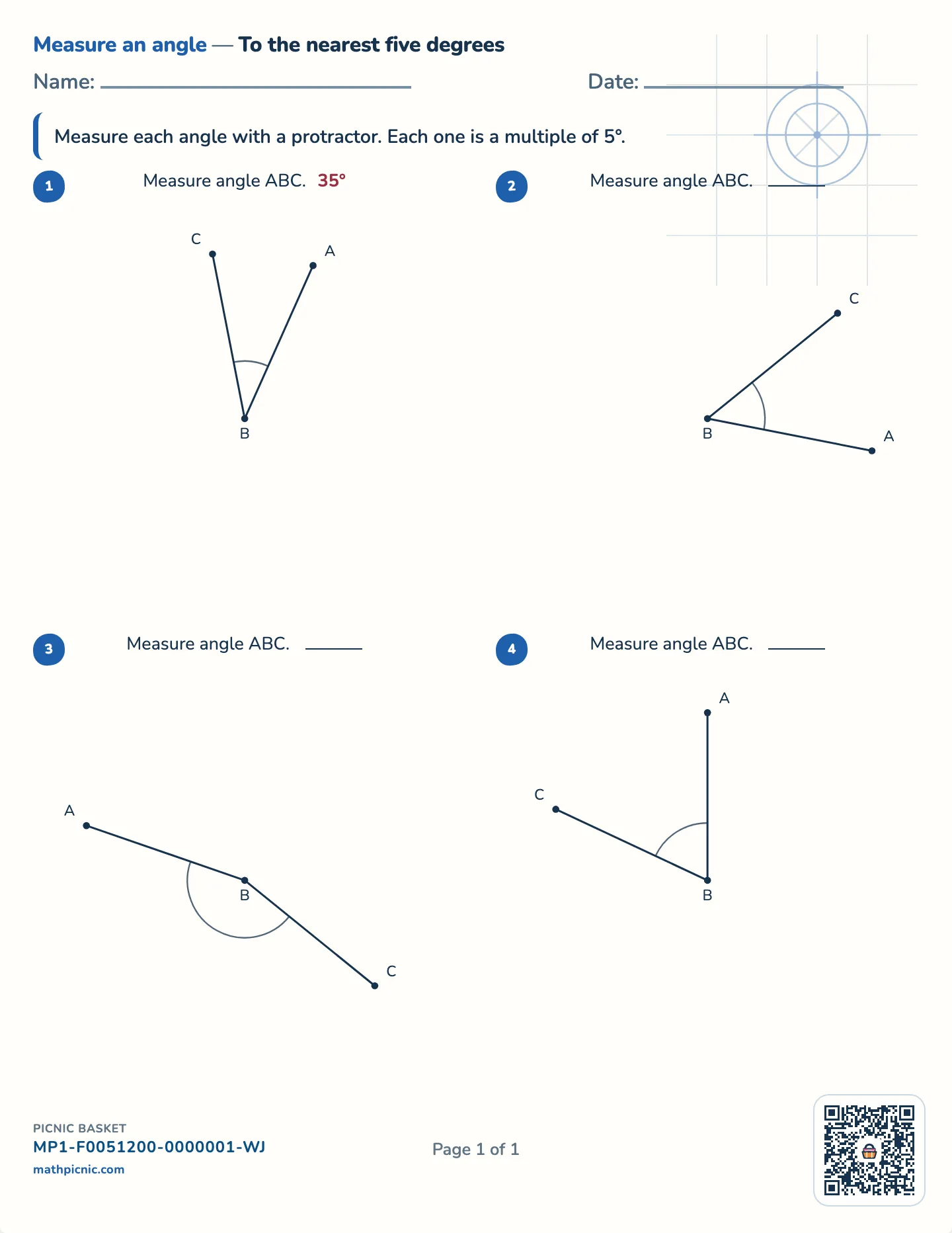 Measuring angles with a protractor worksheet — Whole degrees, every angle turned differently, free printable with answer key