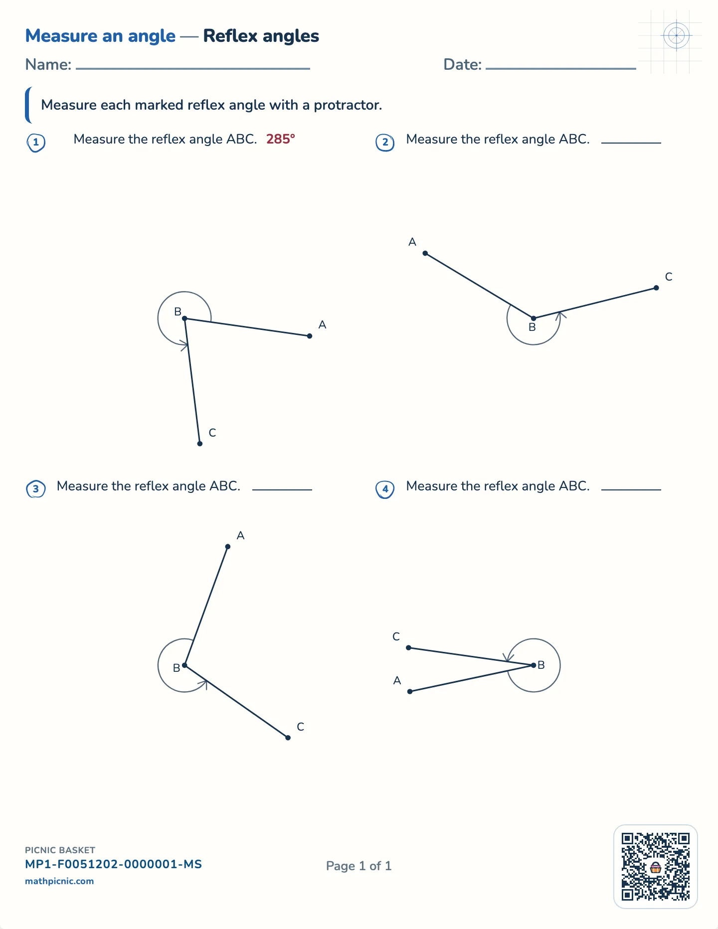Measuring reflex angles worksheet — Angles over 180°, whole degrees, free printable with answer key