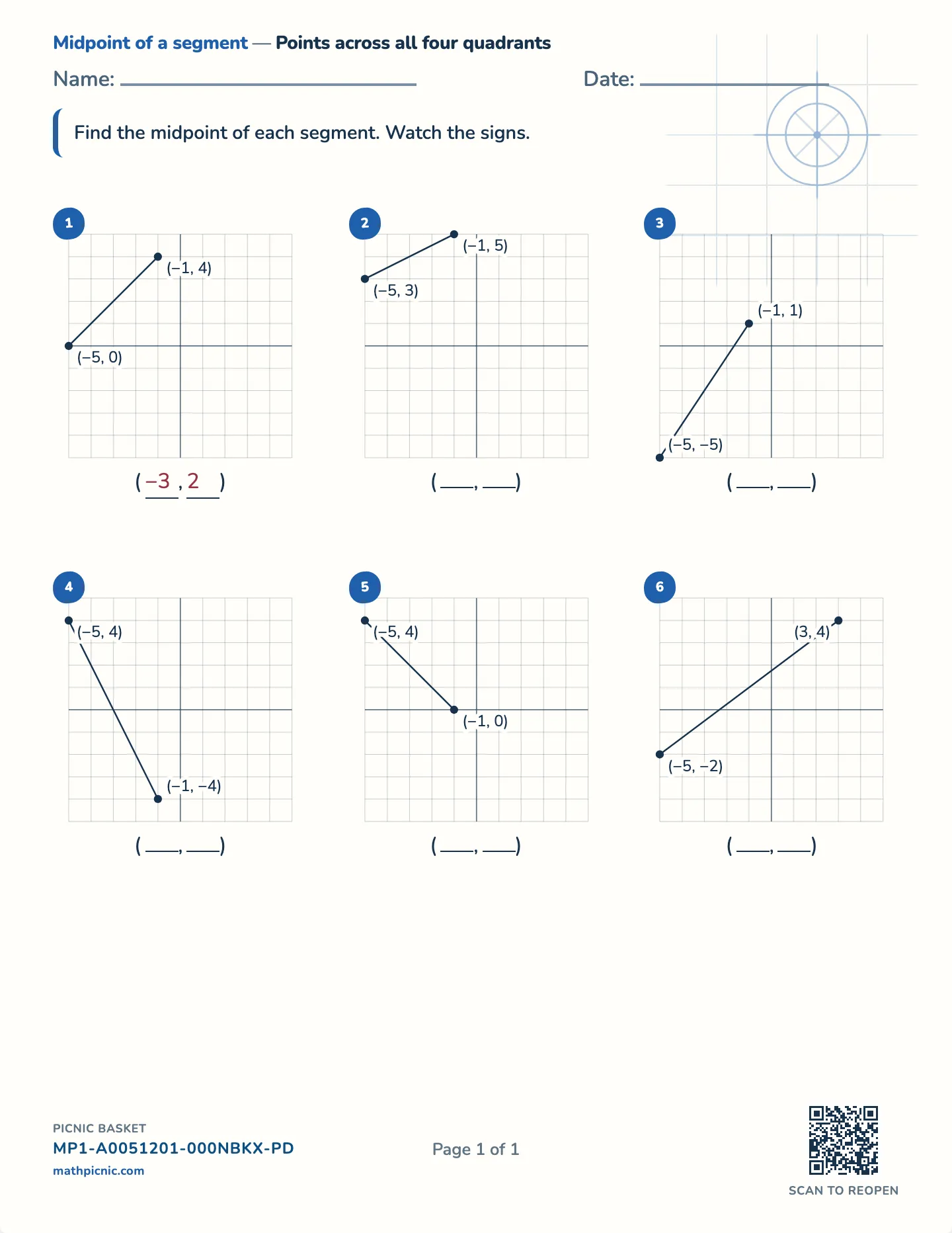 Midpoint formula worksheet — All four quadrants, whole midpoints, free printable with answer key