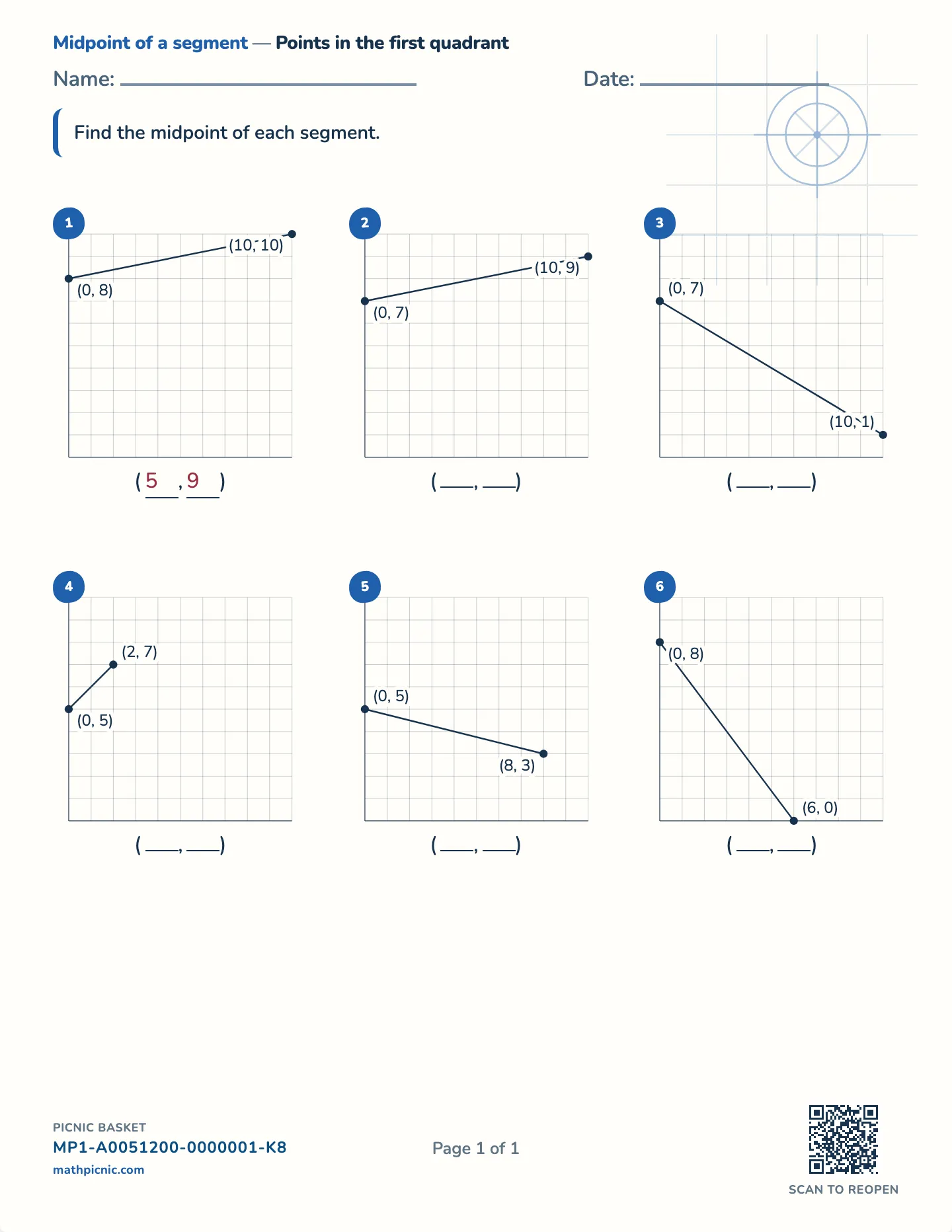 Midpoint of a segment worksheet — Whole-number midpoints, free printable with answer key