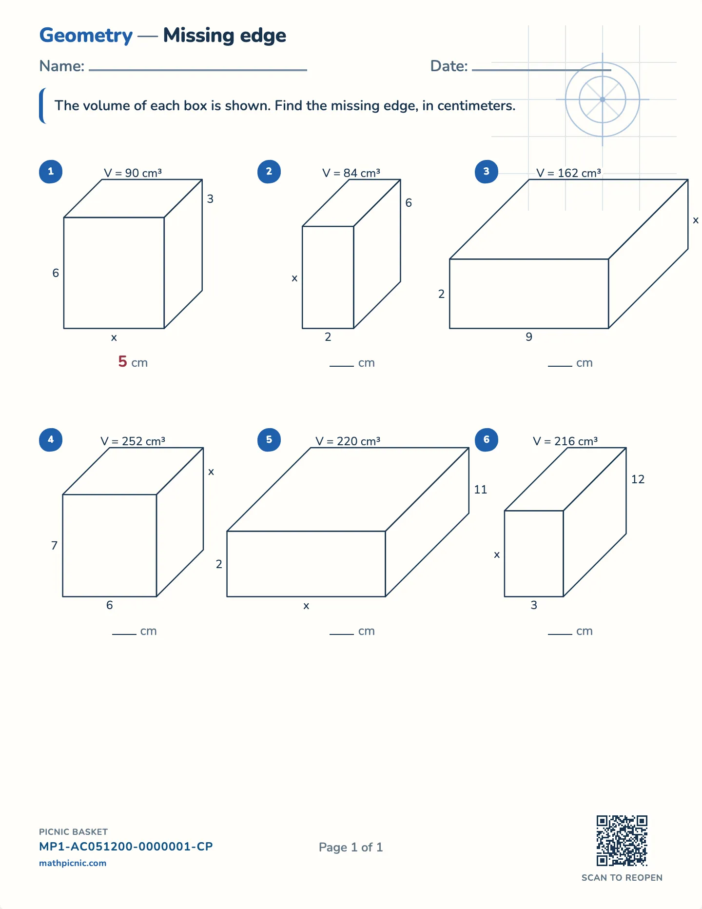 Missing edge from the volume worksheet — Volume and two edges given, free printable with answer key