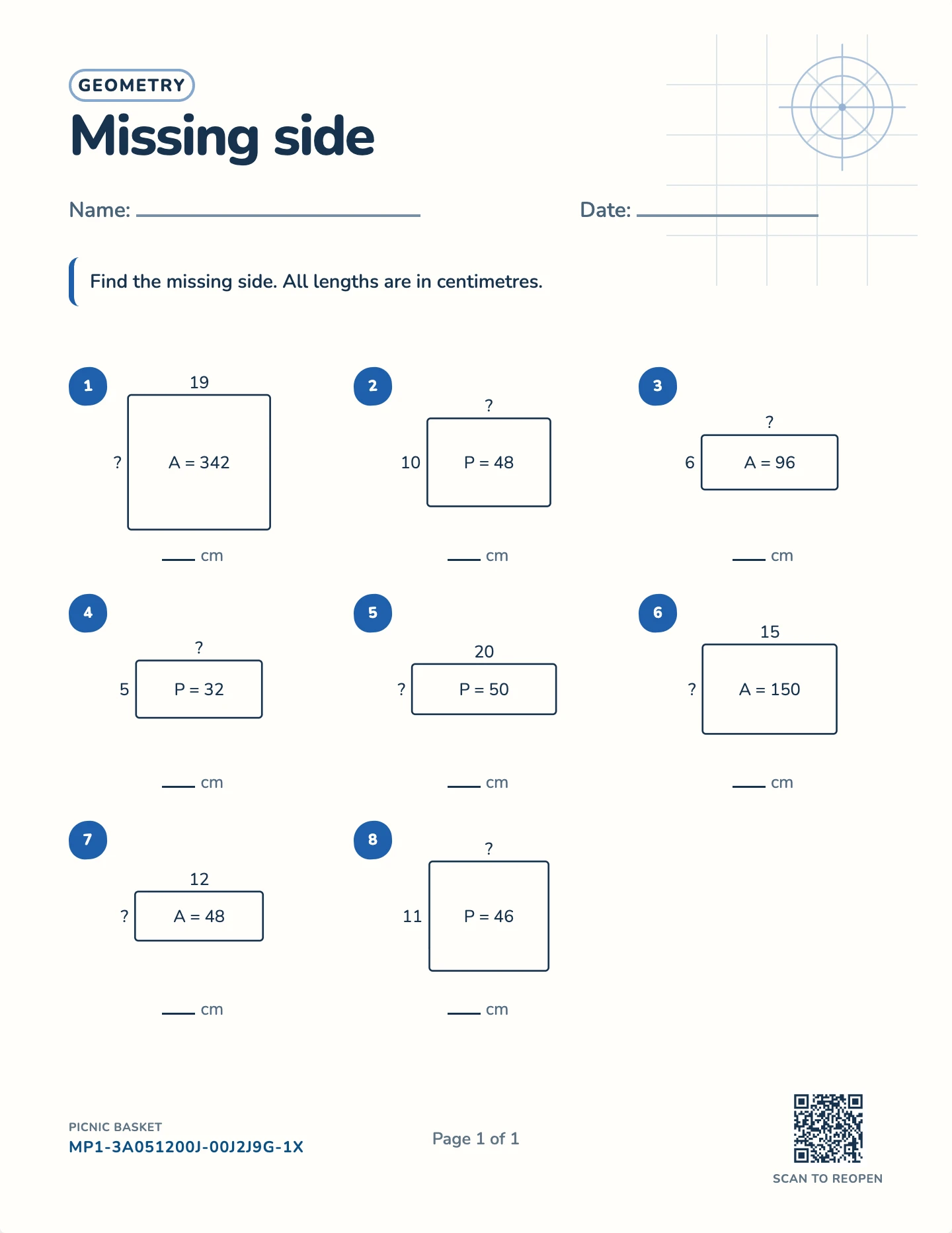 Missing side length worksheet — Sides to 35 cm, free printable with answer key