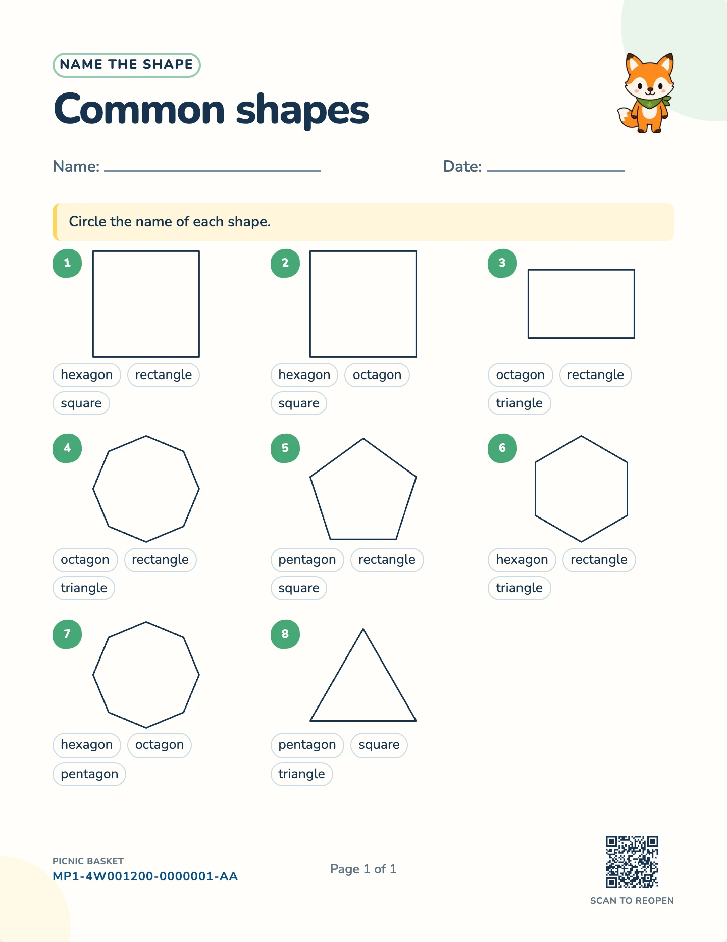 Naming 2D shapes worksheet — Triangle to octagon, free printable with answer key