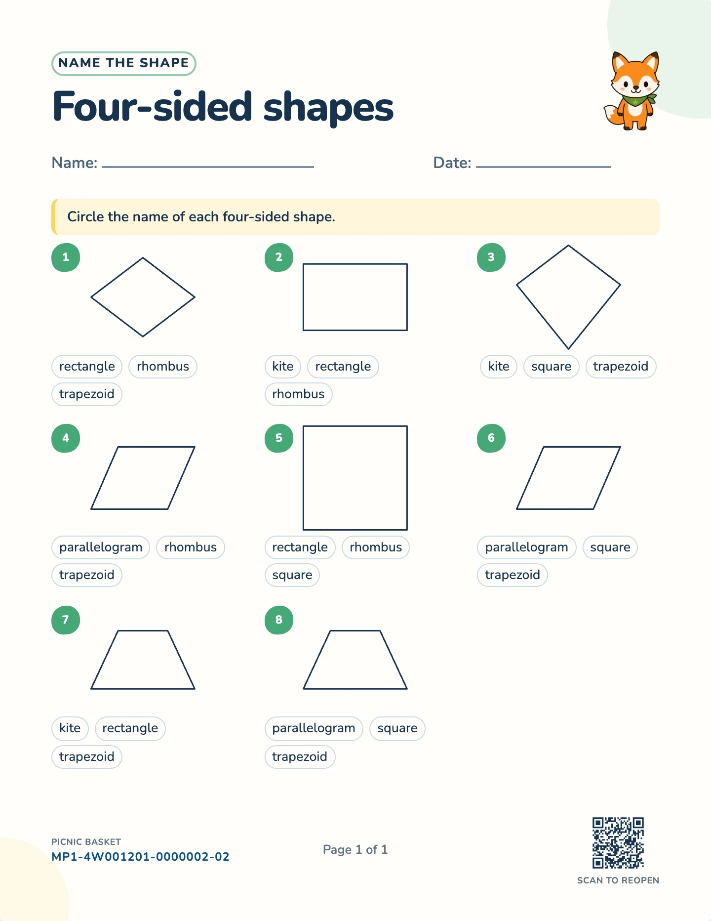 Naming quadrilaterals worksheet — Six four-sided shapes, free printable with answer key