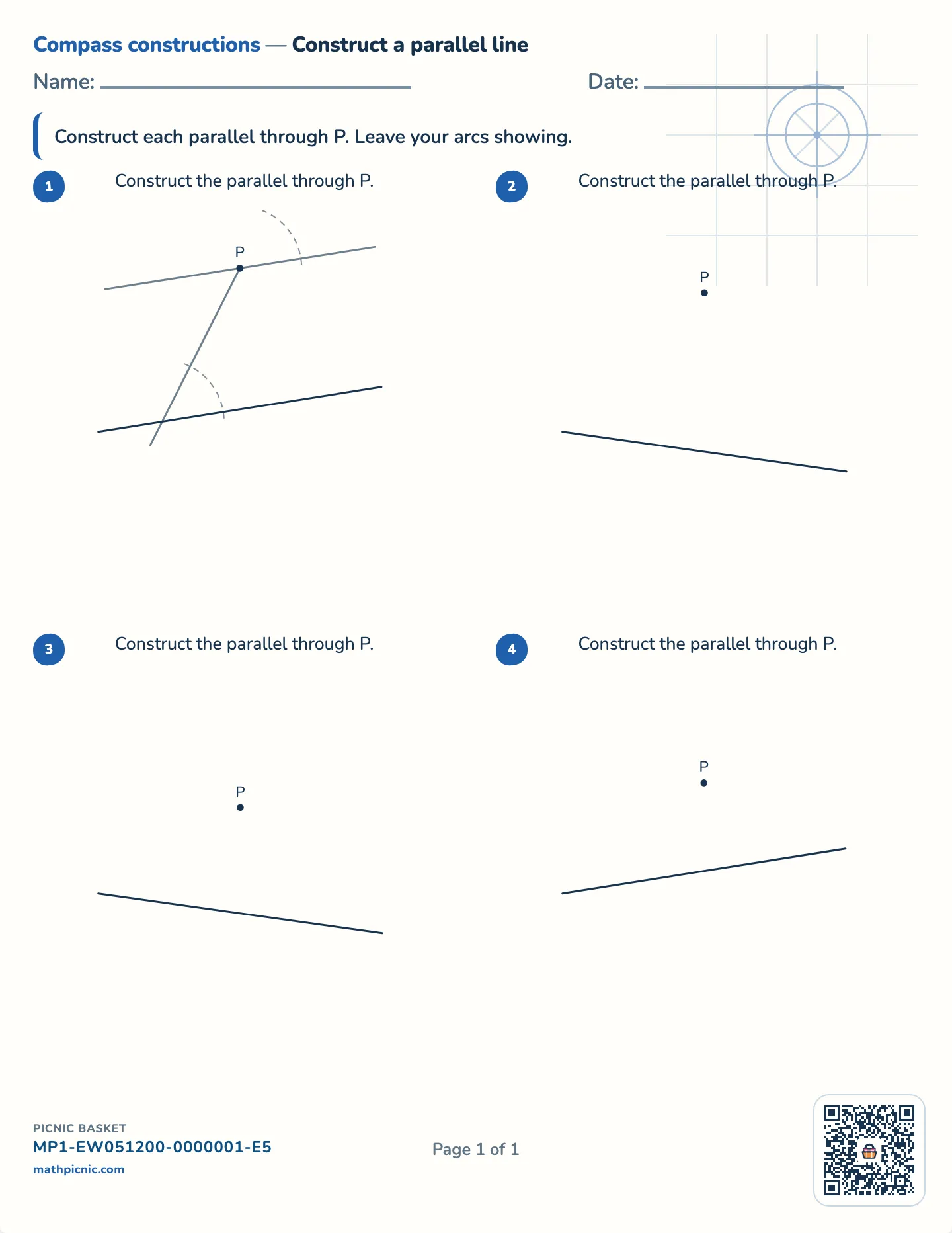 Parallel through a point worksheet — P 12–32mm from the line, free printable with answer key