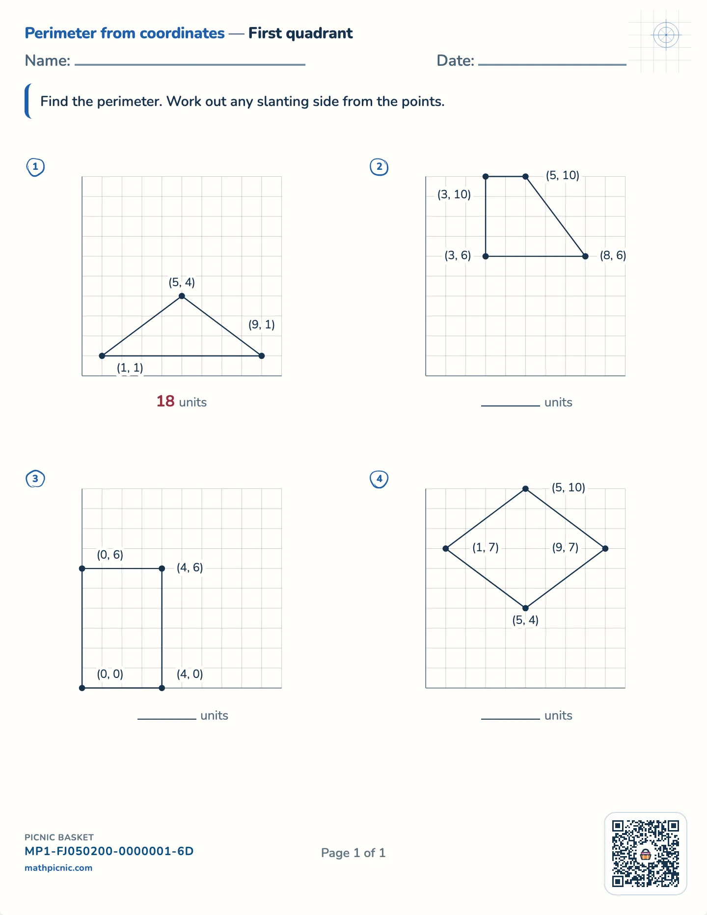 Perimeter from coordinates worksheet — First quadrant, whole-number sides, free printable with answer key