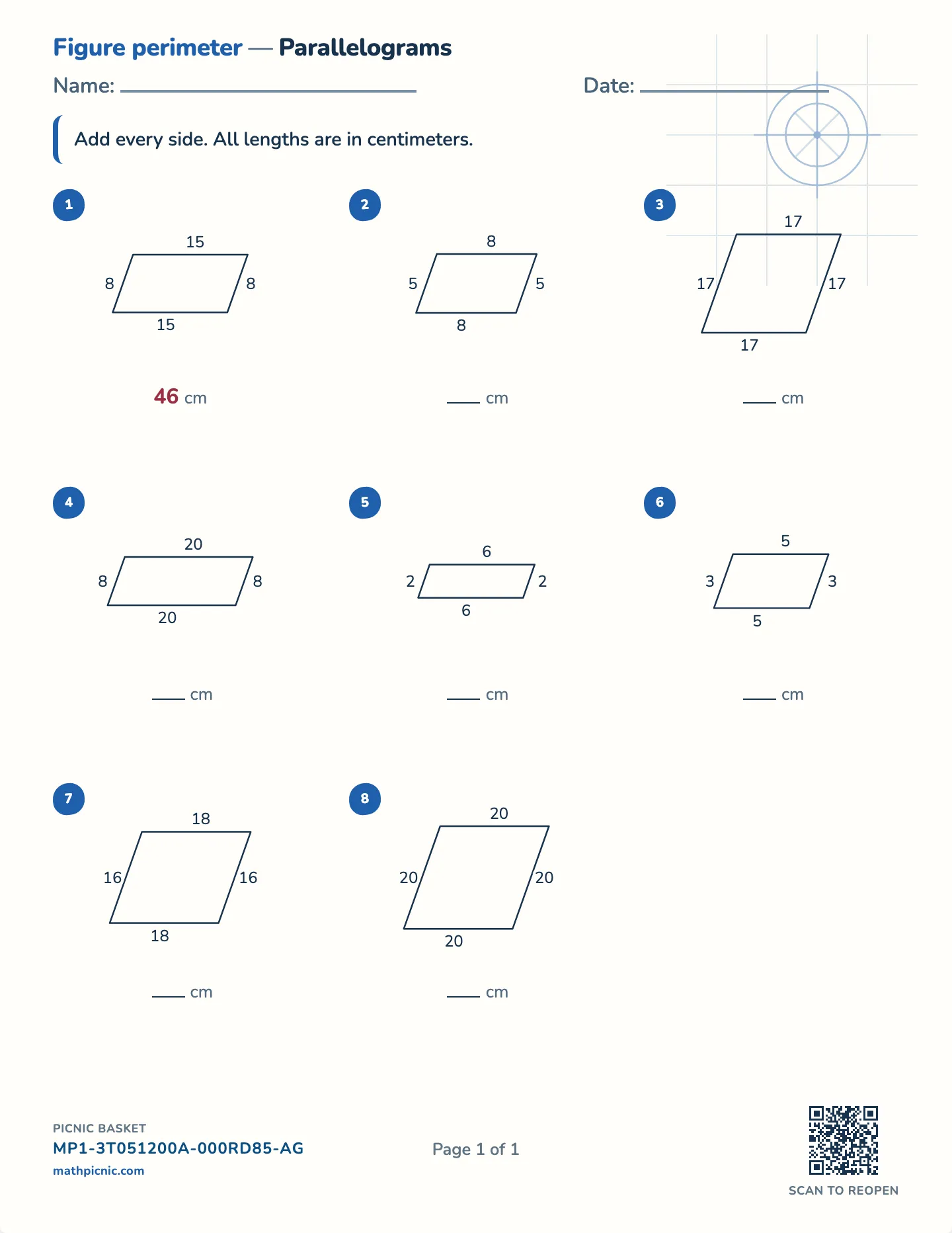 Perimeter of a parallelogram worksheet — Sides to 35 cm, free printable with answer key