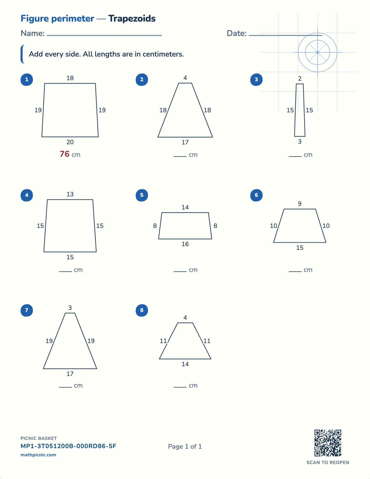 Perimeter of a trapezoid worksheet — Sides to 35 cm, free printable with answer key