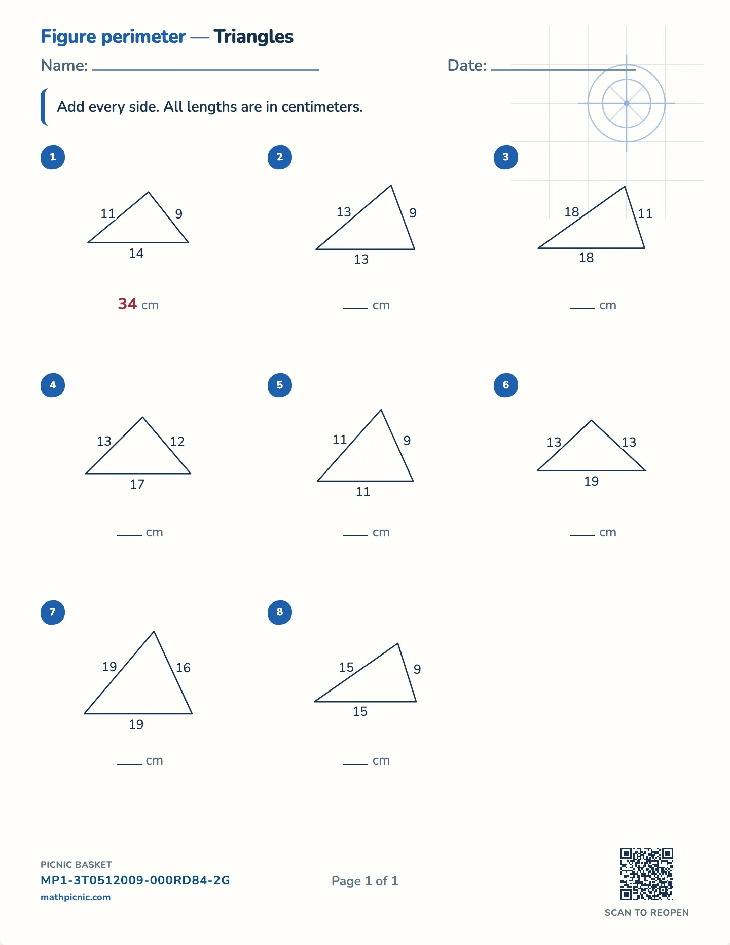 Perimeter of a triangle worksheet — Sides to 35 cm, free printable with answer key