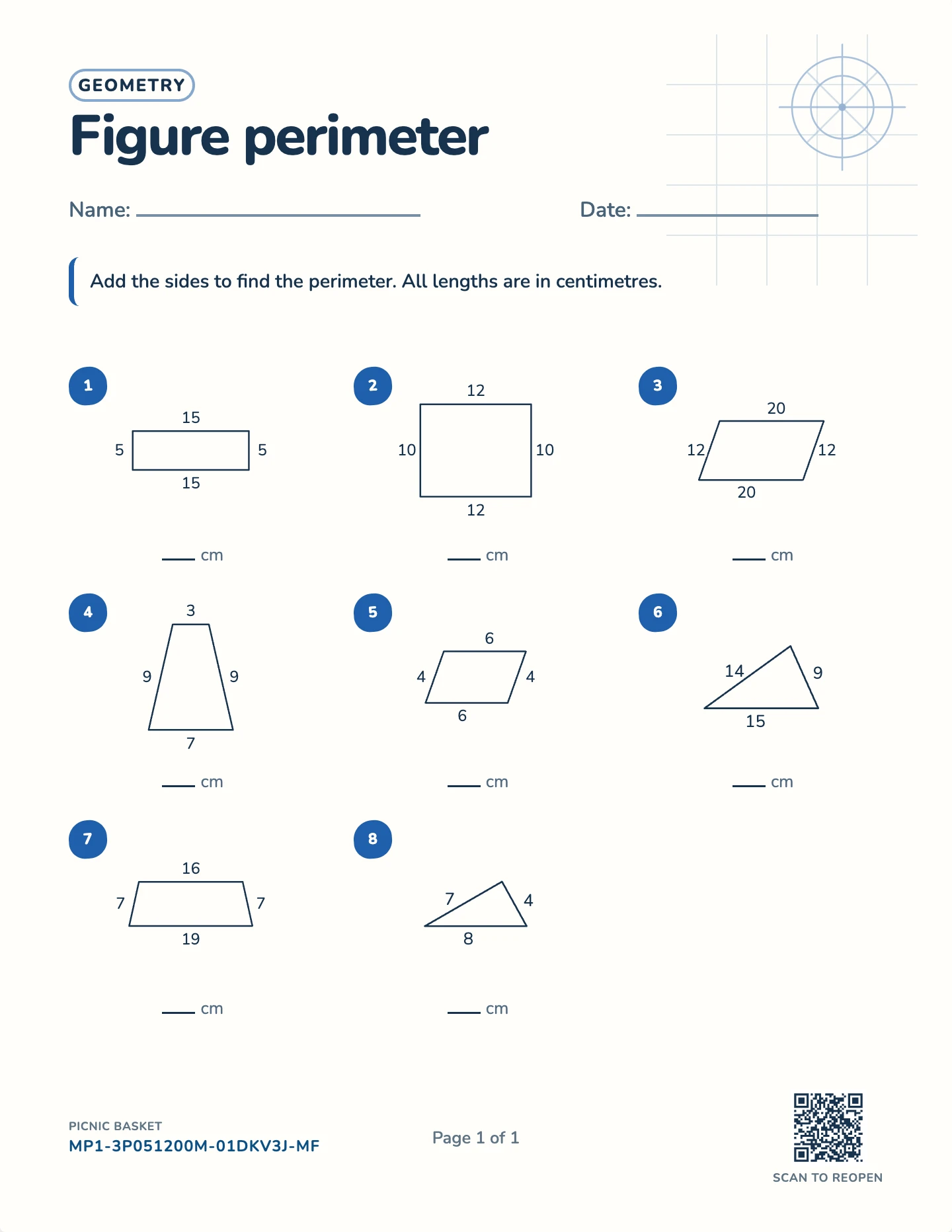 Perimeter of triangles and quadrilaterals worksheet — Sides to 35 cm, free printable with answer key