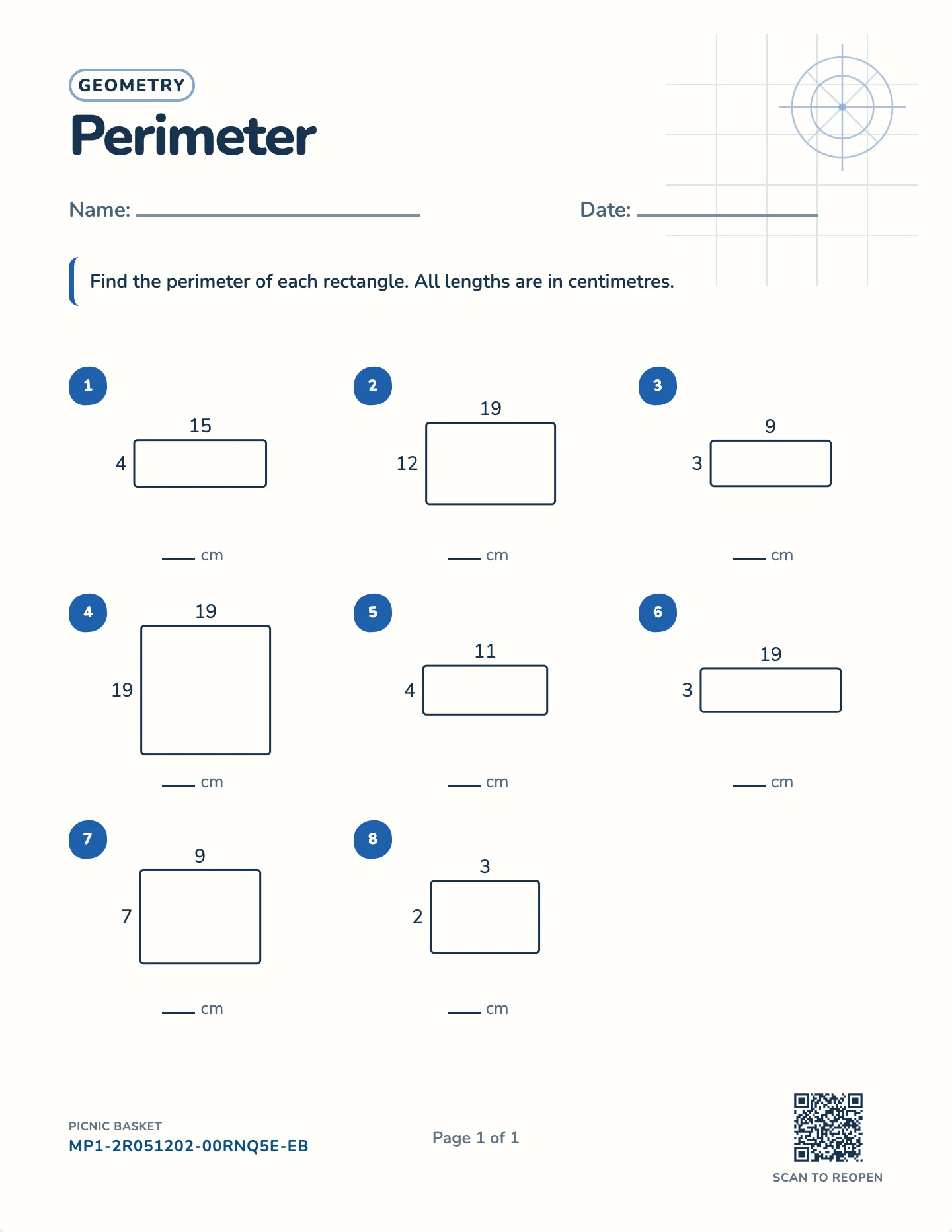 Perimeter of a rectangle worksheet — Sides to 35 cm, free printable with answer key