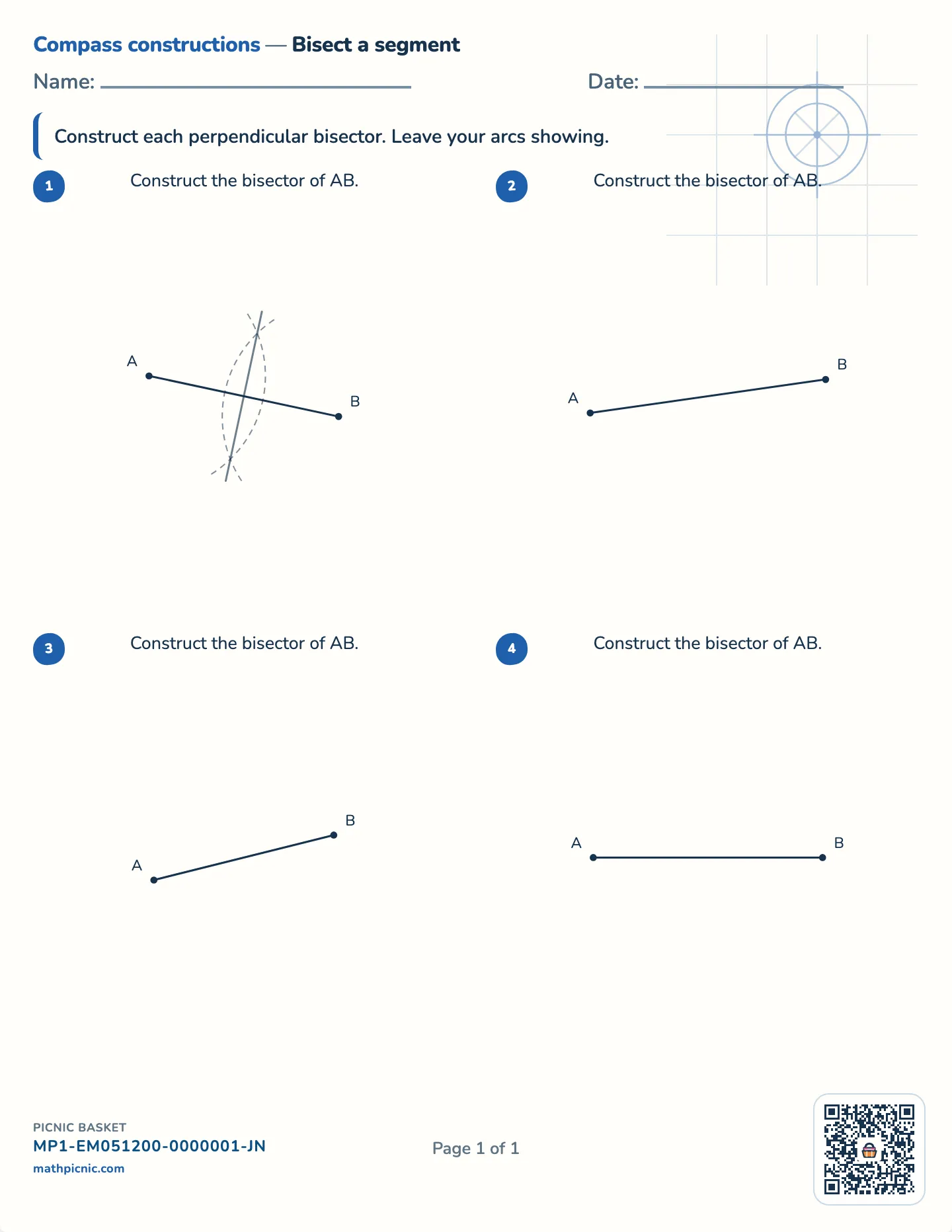 Perpendicular bisector worksheet — Segments 30–44mm, whole millimetres, free printable with answer key
