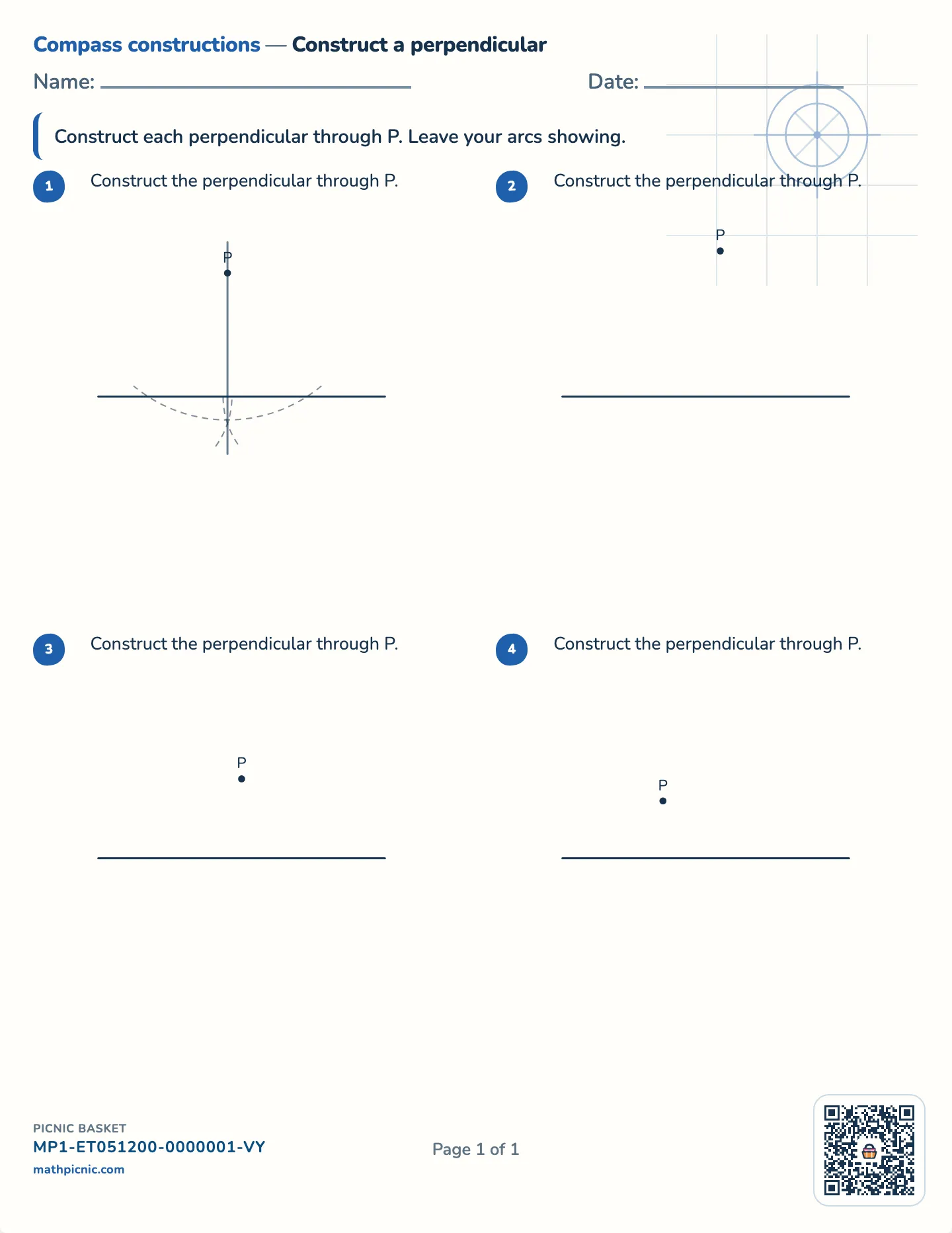 Perpendicular through a point worksheet — P on the line and 10–26mm off it, free printable with answer key