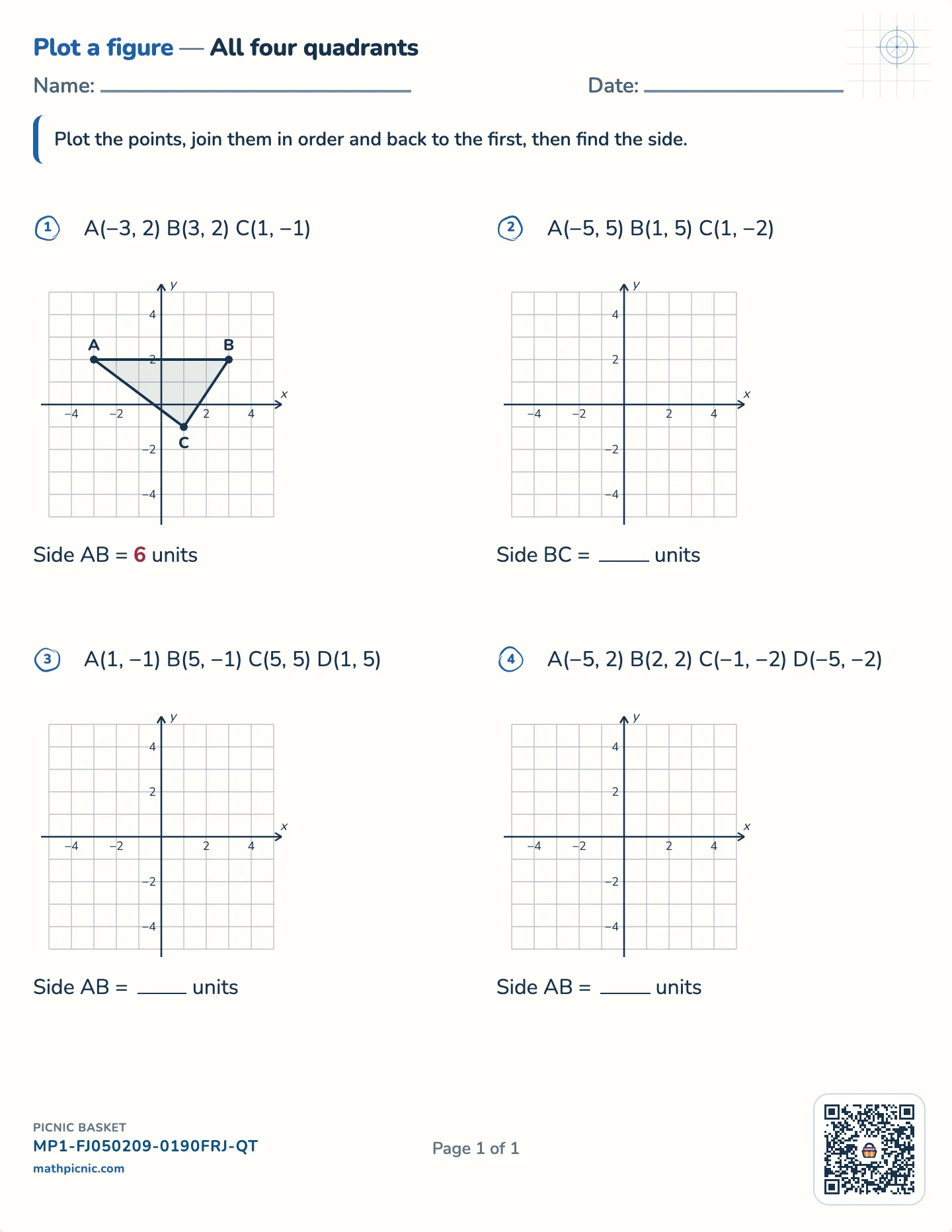 Plot a figure in all four quadrants worksheet — Four quadrants, level and upright sides, free printable with answer key