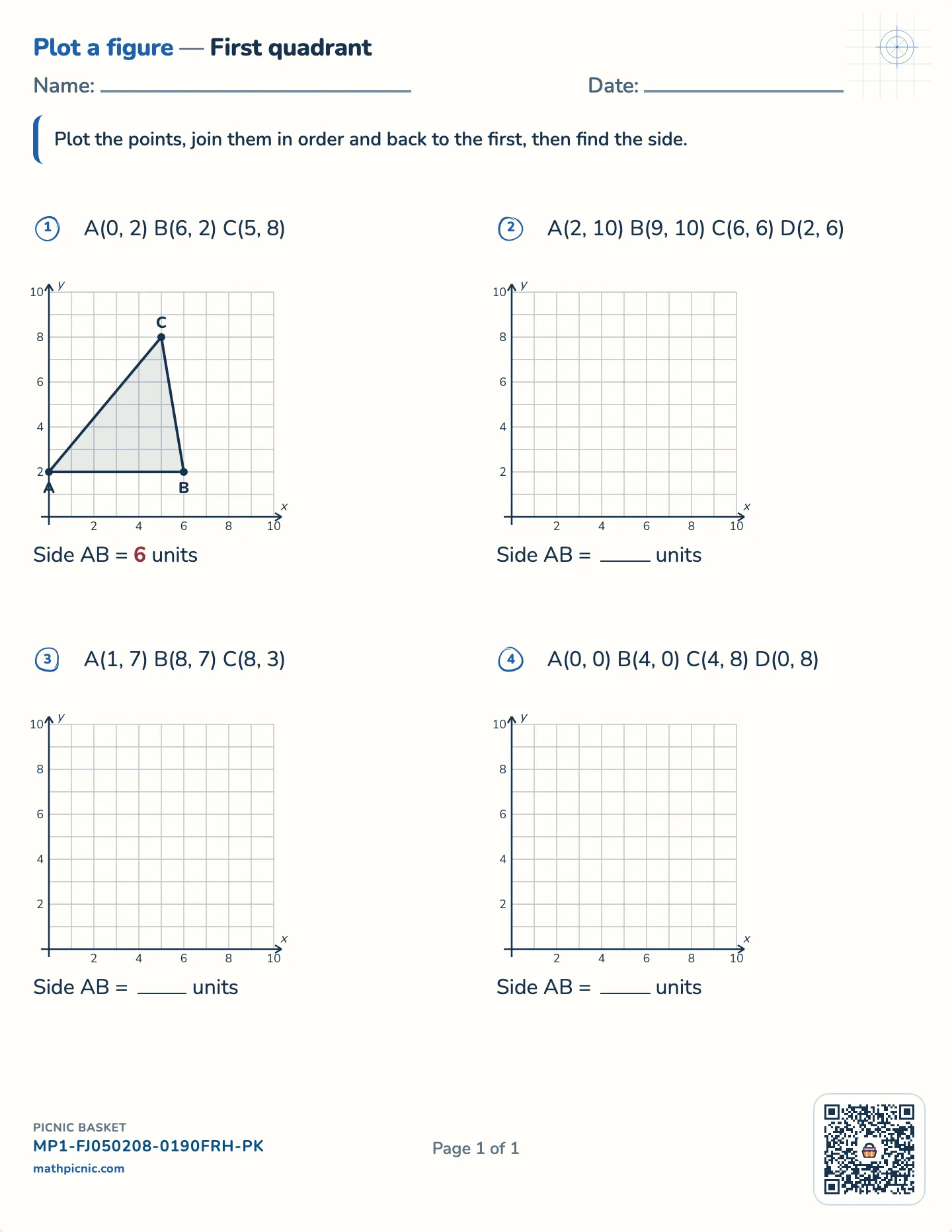 Plot a figure on the coordinate plane worksheet — First quadrant, level and upright sides, free printable with answer key