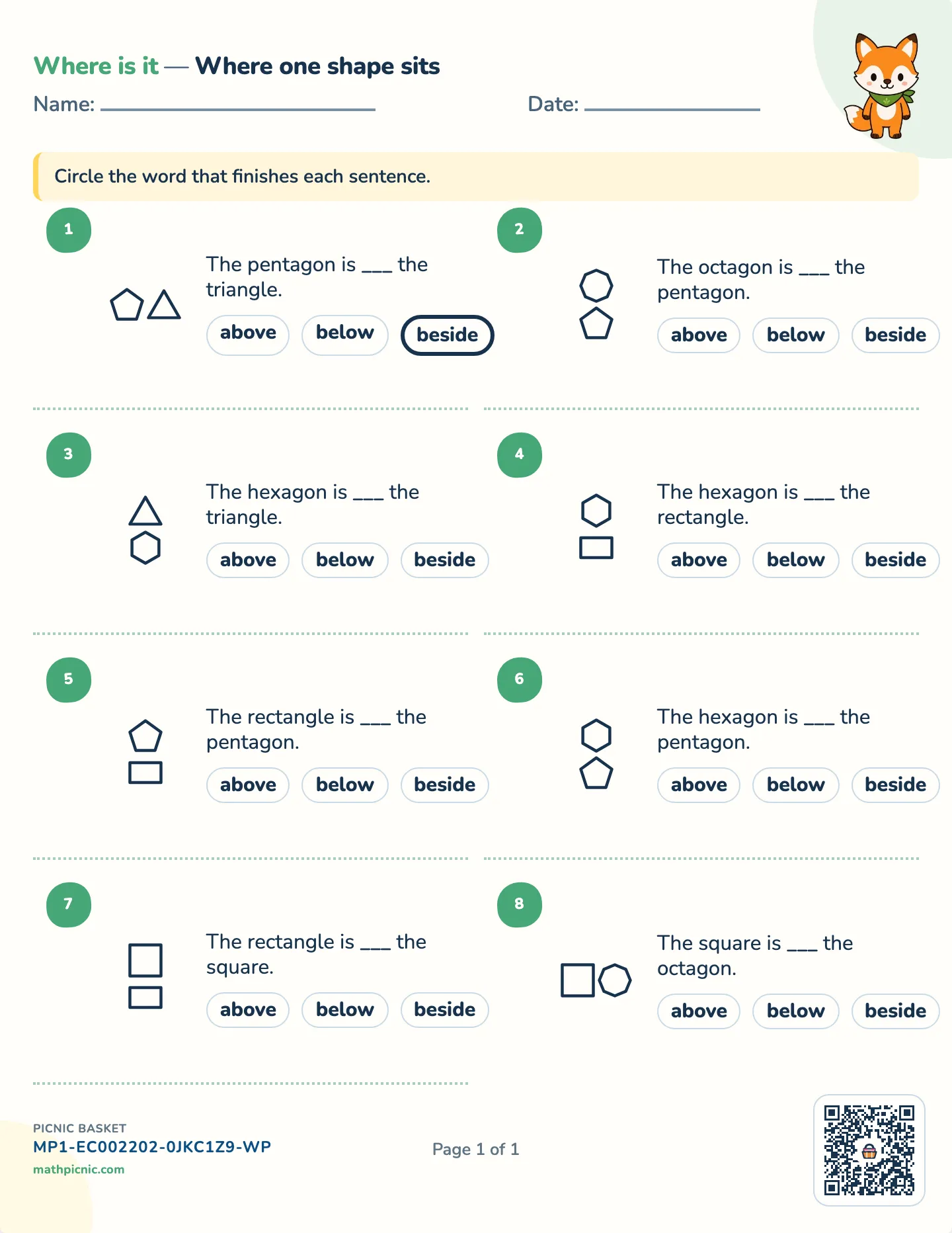 Above, below, beside worksheet — Above, below or beside, free printable with answer key